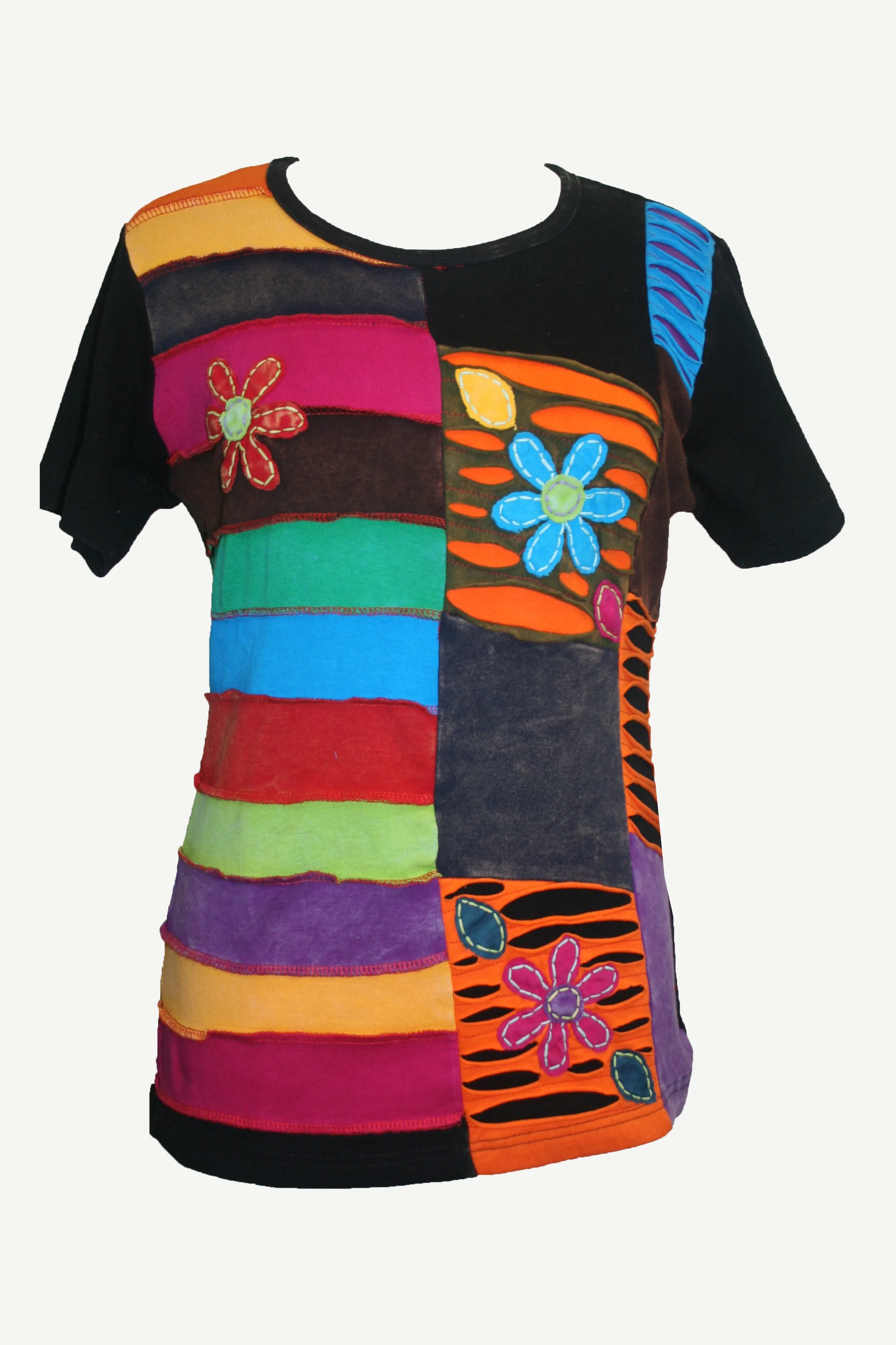 125 RB Multi-colored knitted patched razor cut floral embroidered t-shirt