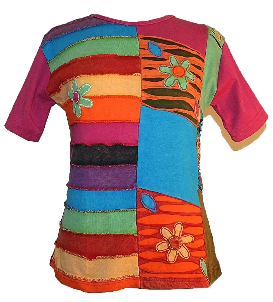 125 RB Multi-colored knitted patched razor cut floral embroidered t-shirt