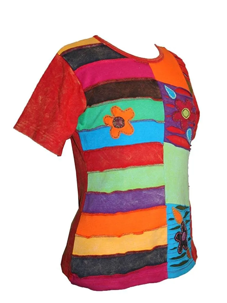 125 RB Multi-colored knitted patched razor cut floral embroidered t-shirt