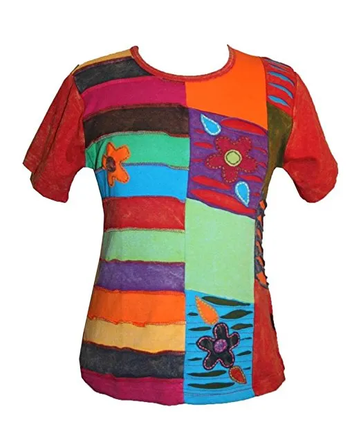 125 RB Multi-colored knitted patched razor cut floral embroidered t-shirt