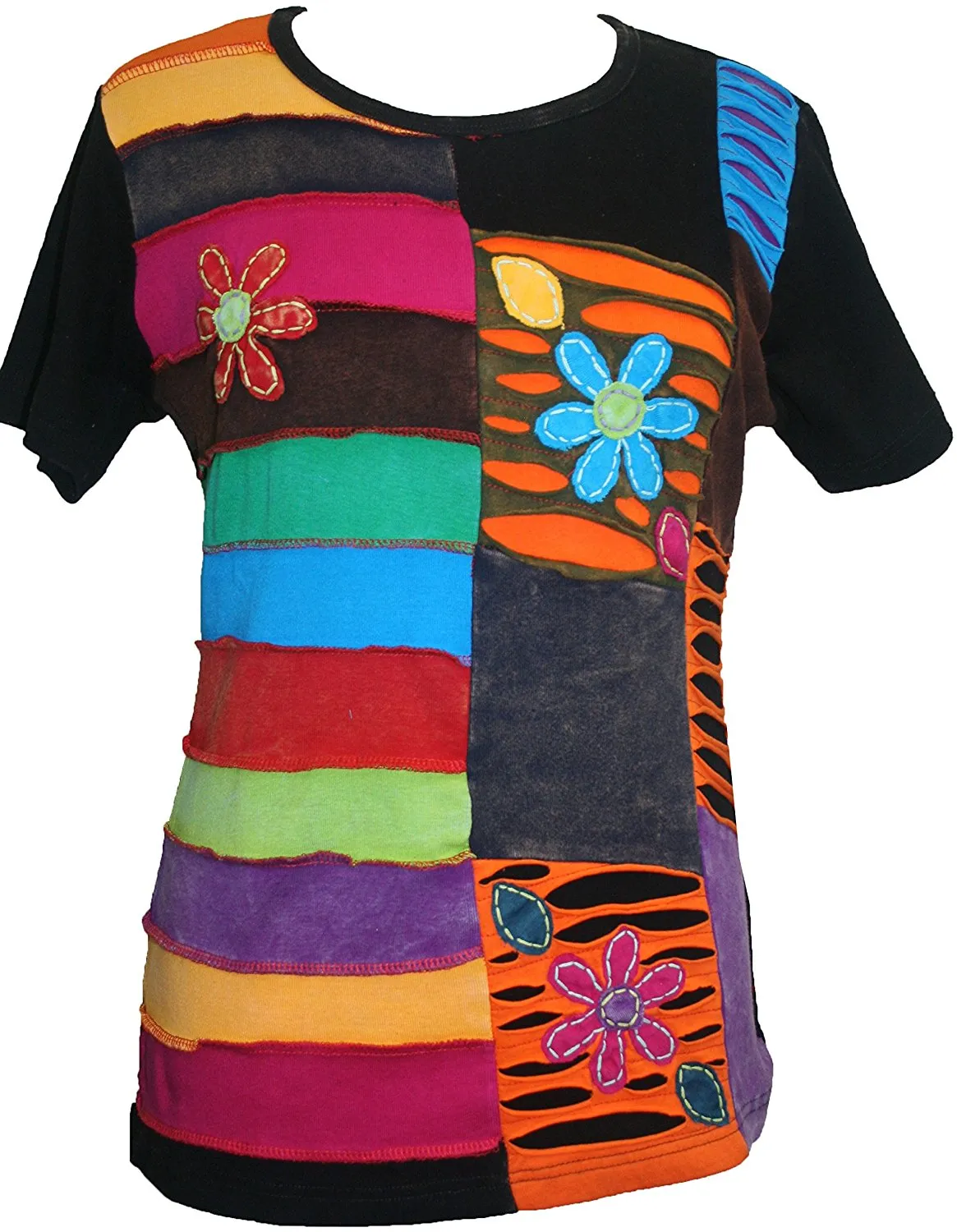 125 RB Multi-colored knitted patched razor cut floral embroidered t-shirt
