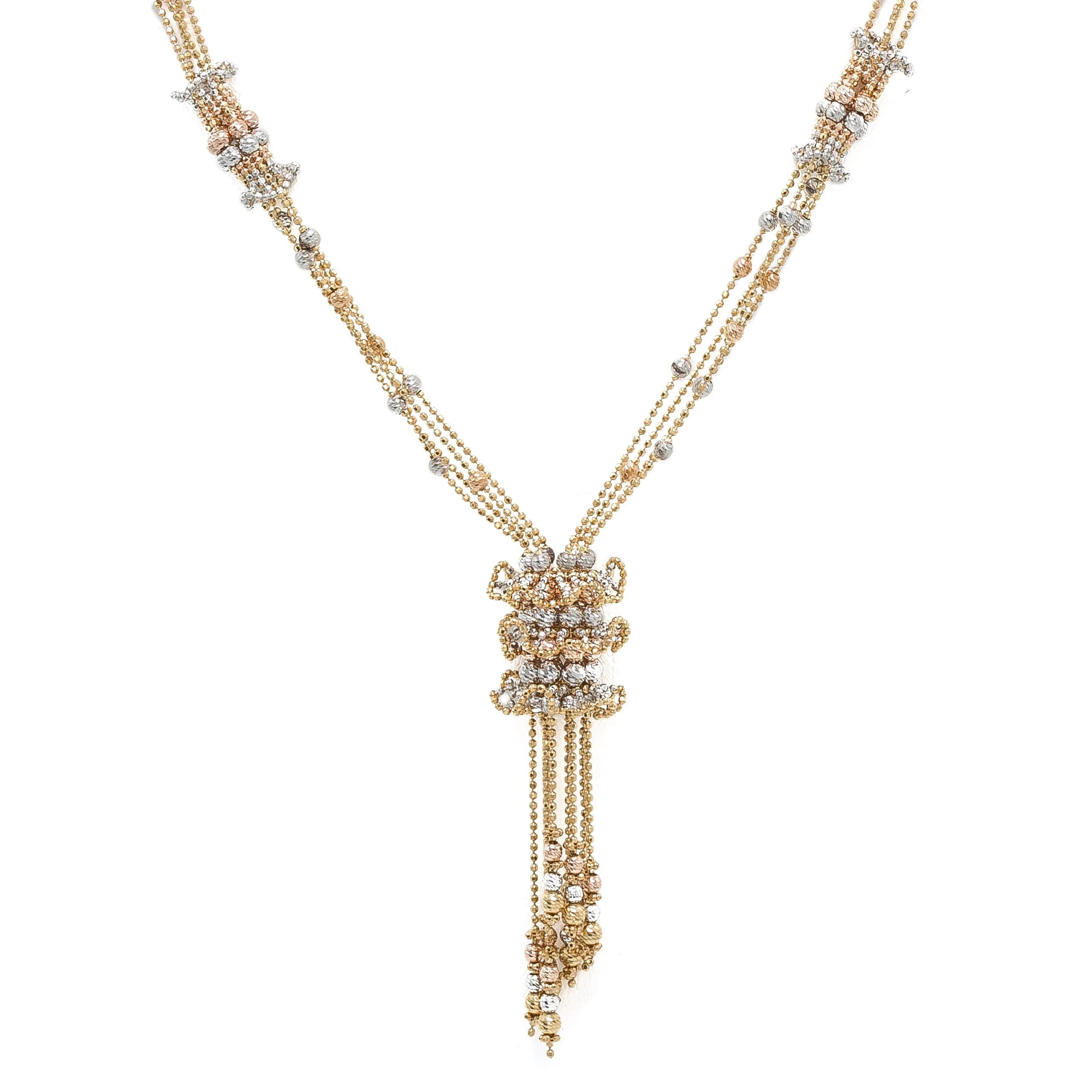22K Multi Tone Gold Set Necklace & Earrings W/ Beaded Tangled-Tassel Design