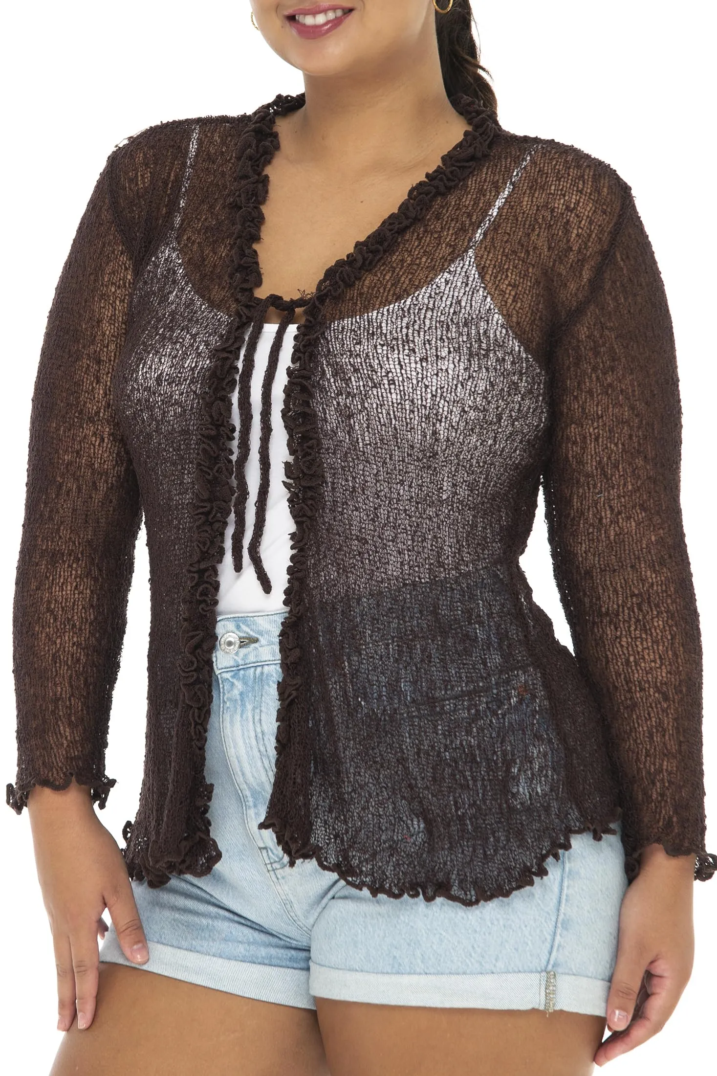 Back From Bali Womens Plus Size Ruffle Shrug Bolero Sheer Cardigan Arm Cover 2X 3X 4X Lightweight (Brown)