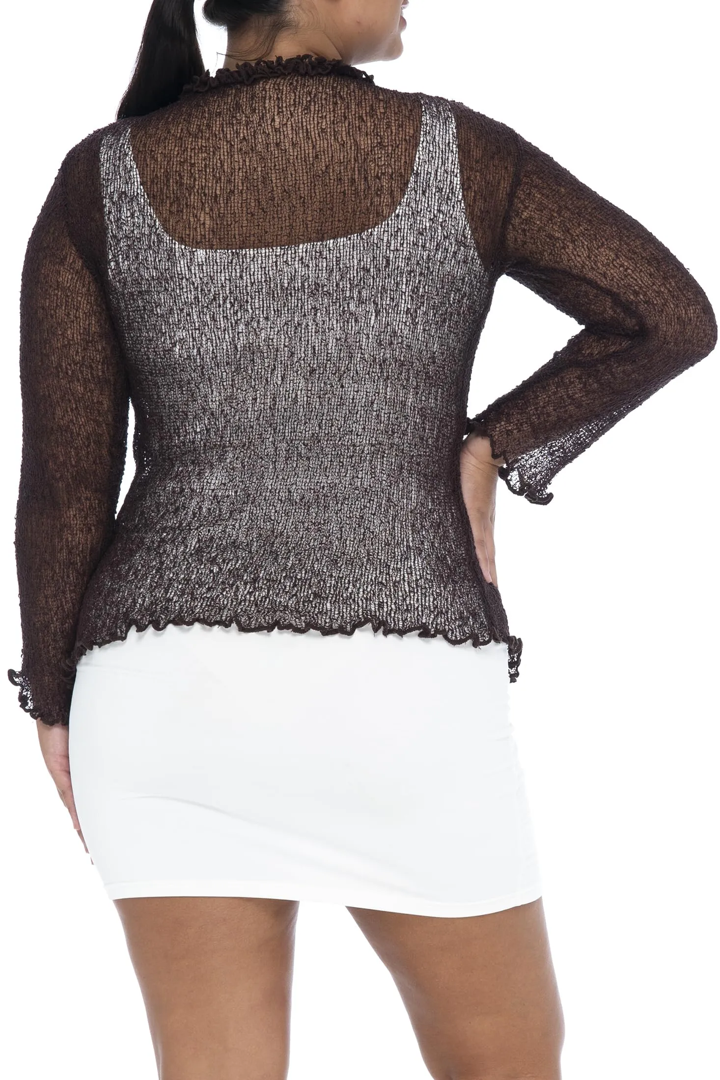 Back From Bali Womens Plus Size Ruffle Shrug Bolero Sheer Cardigan Arm Cover 2X 3X 4X Lightweight (Brown)