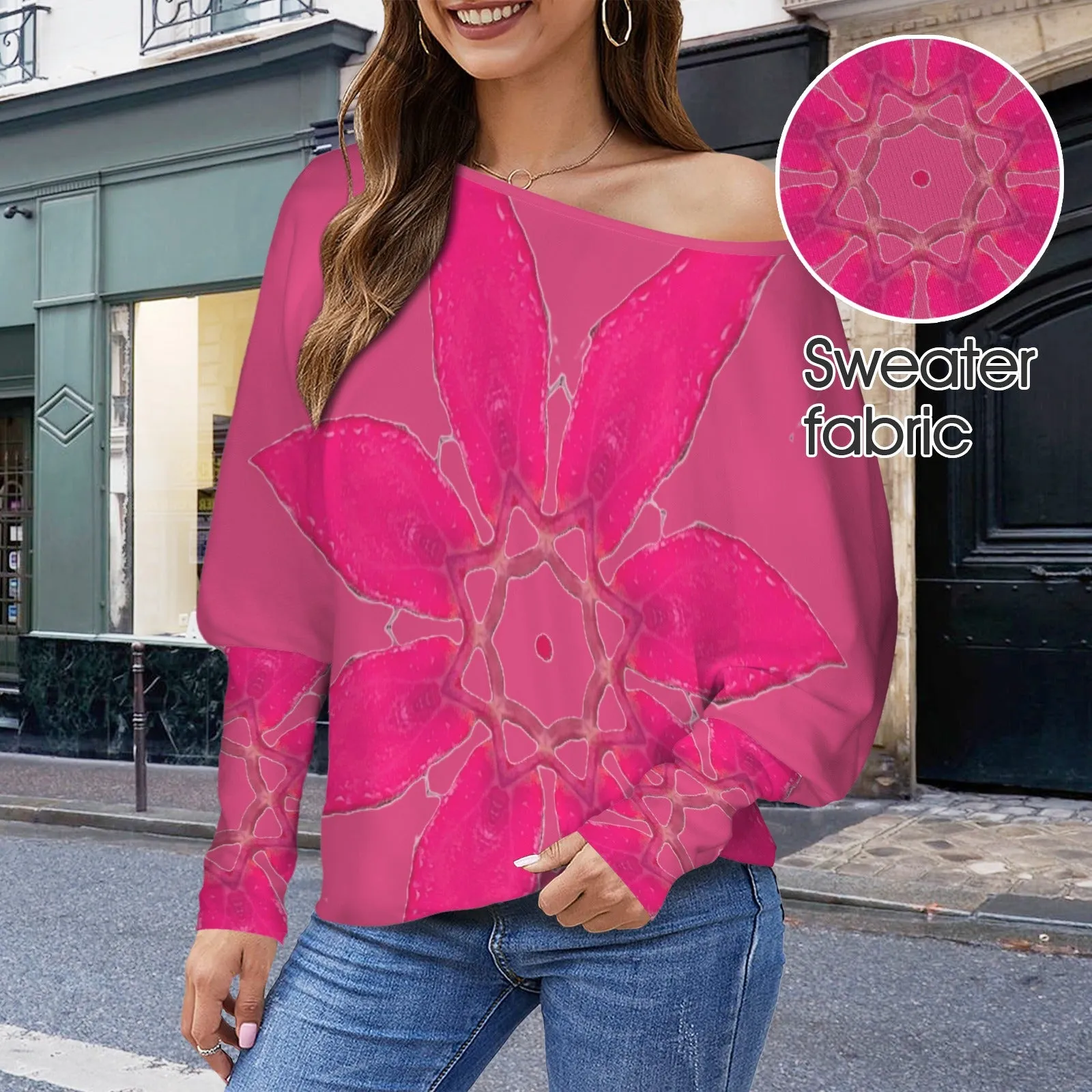 Batwing Long Sleeve Sweater Pink Leaves