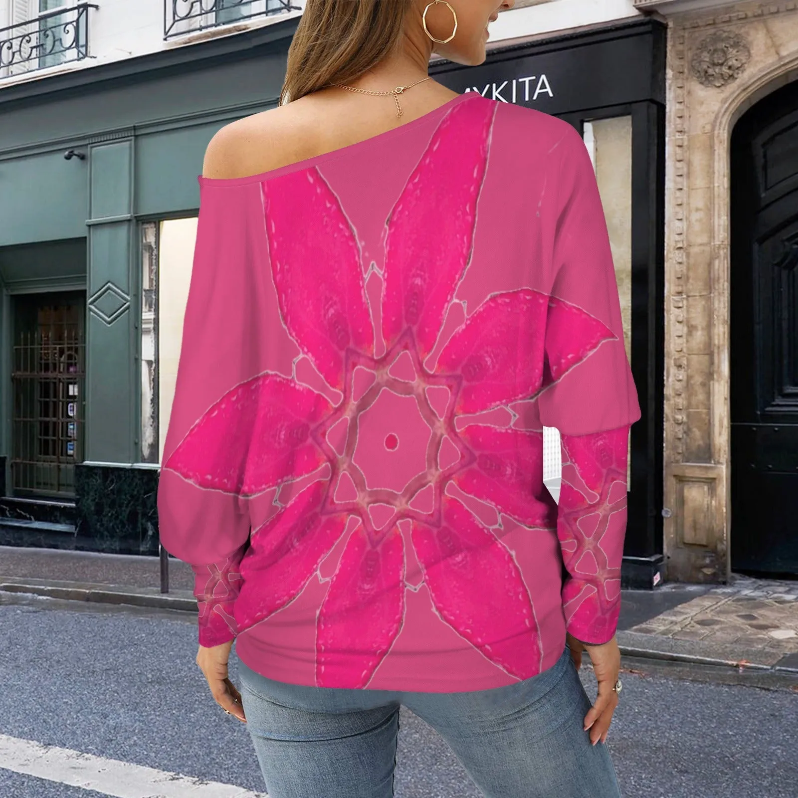 Batwing Long Sleeve Sweater Pink Leaves