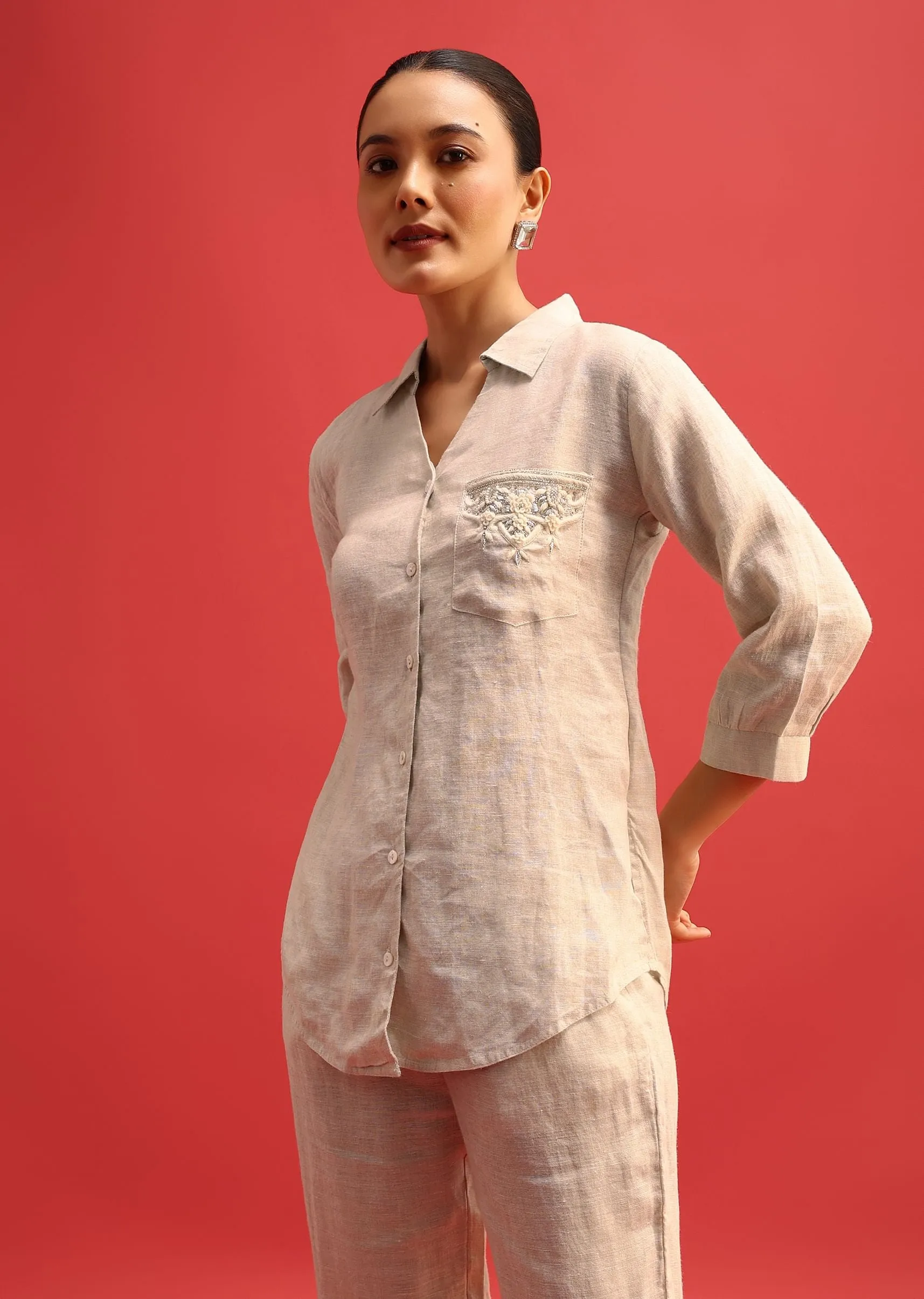 Beige Embroidered Linen Co ord Set