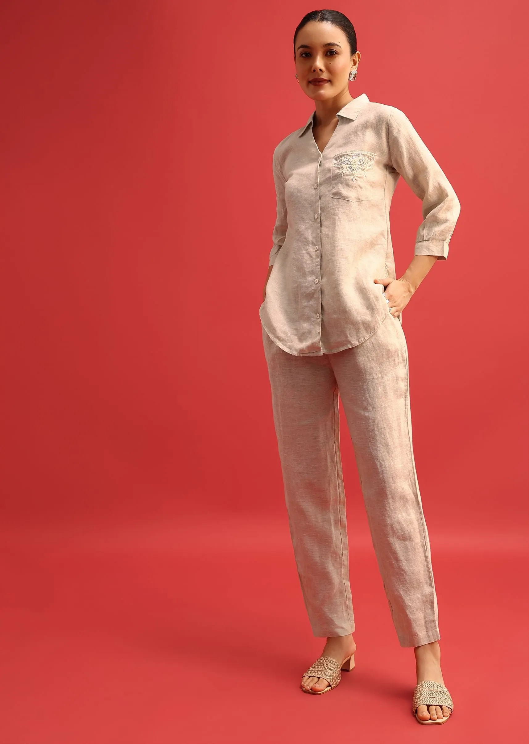 Beige Embroidered Linen Co ord Set
