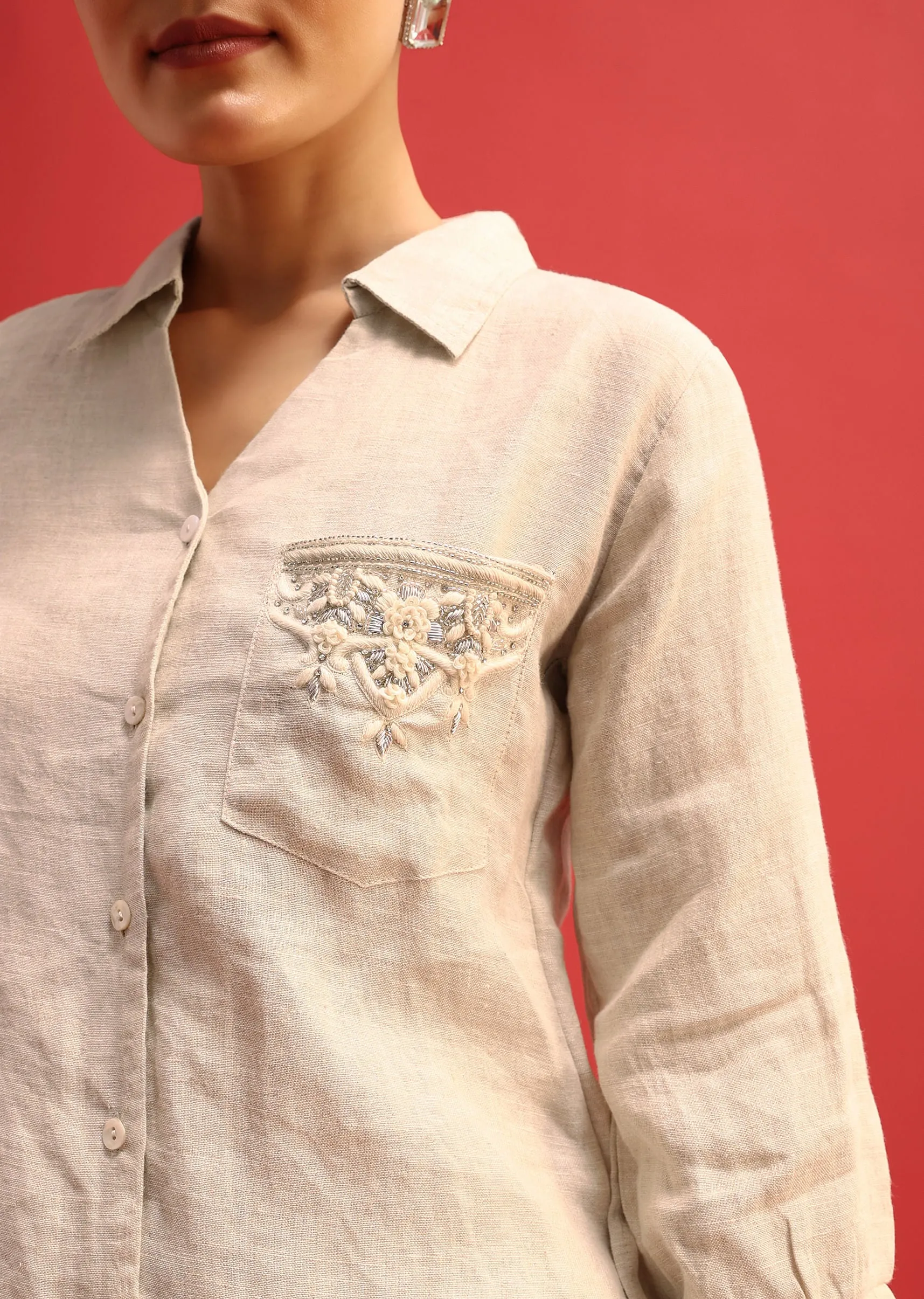 Beige Embroidered Linen Co ord Set