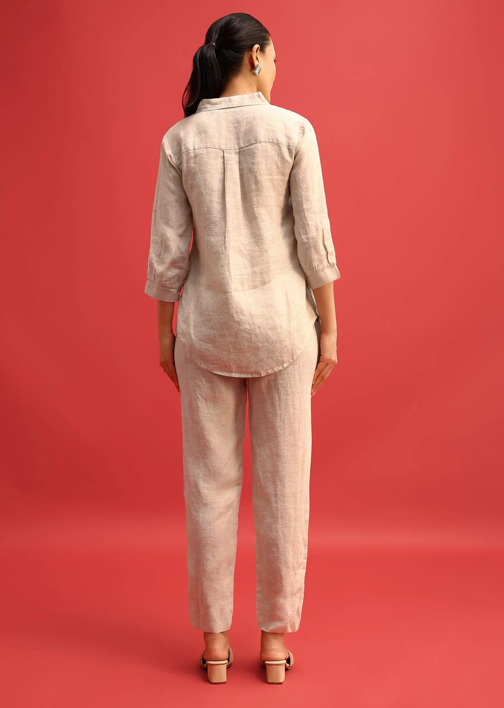 Beige Embroidered Linen Co ord Set