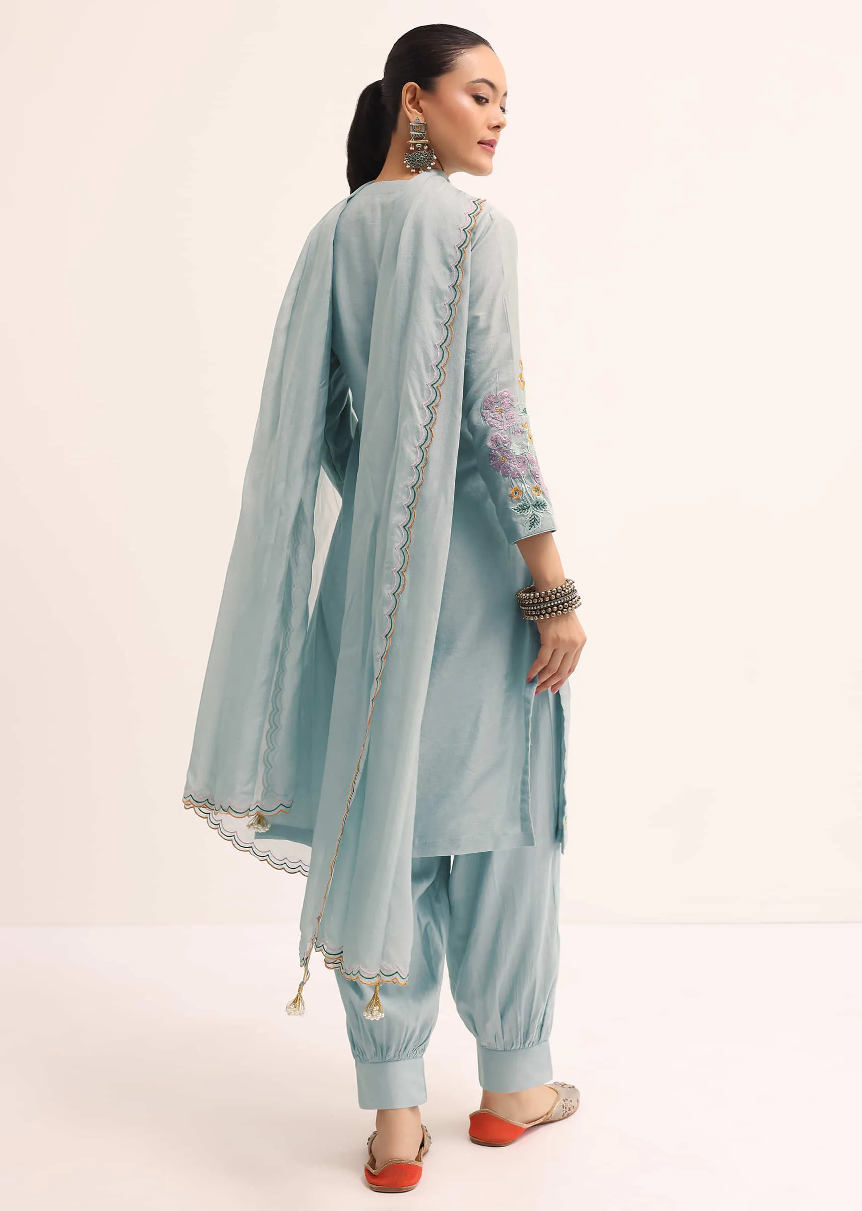 Blue Cotton Kurta Set With Dupatta In Resham Work