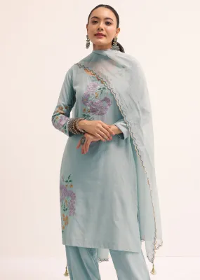 Blue Cotton Kurta Set With Dupatta In Resham Work