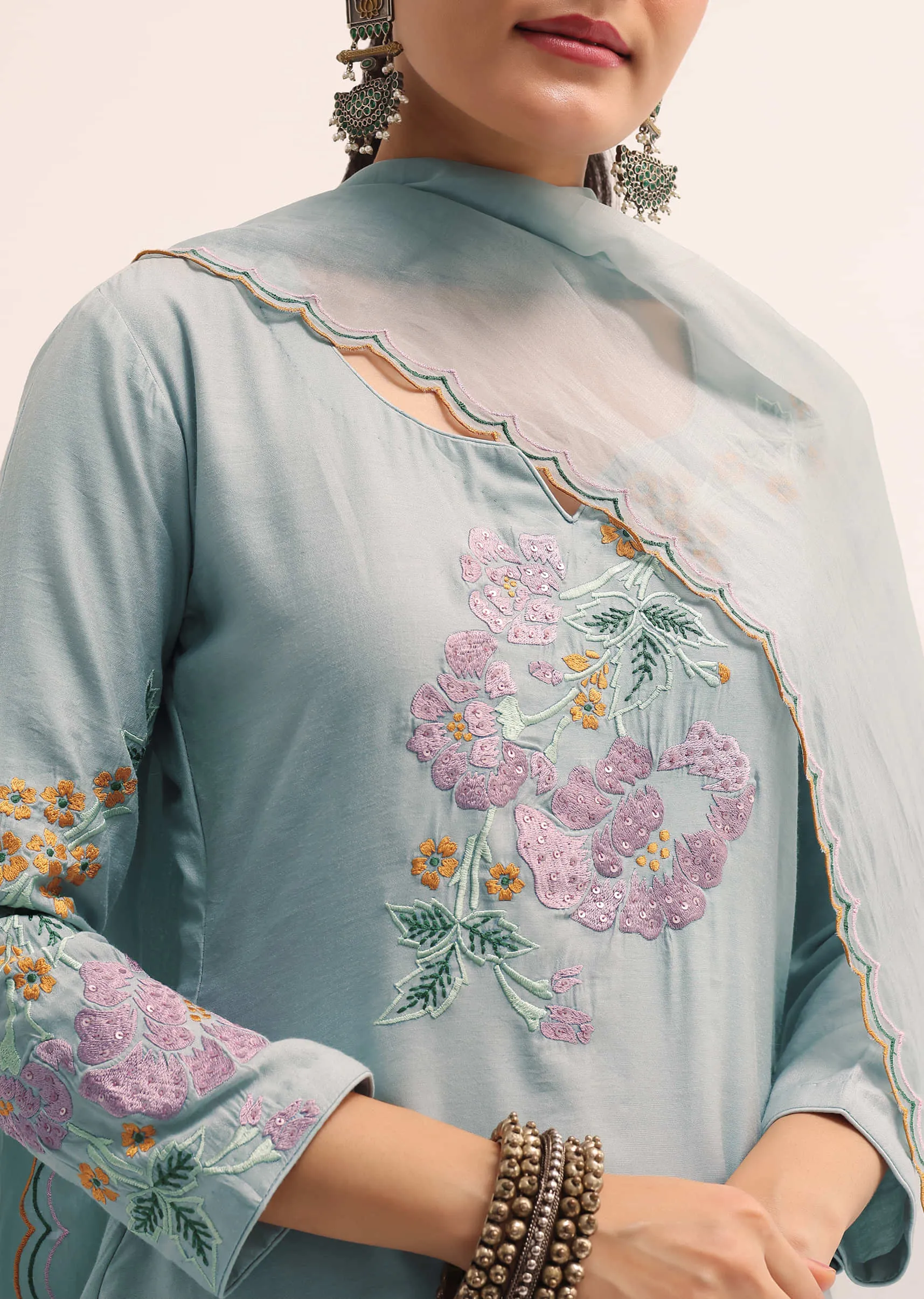 Blue Cotton Kurta Set With Dupatta In Resham Work