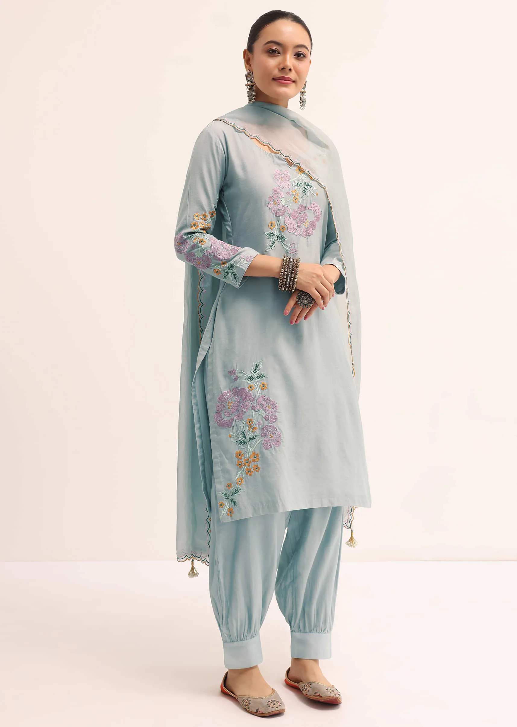Blue Cotton Kurta Set With Dupatta In Resham Work