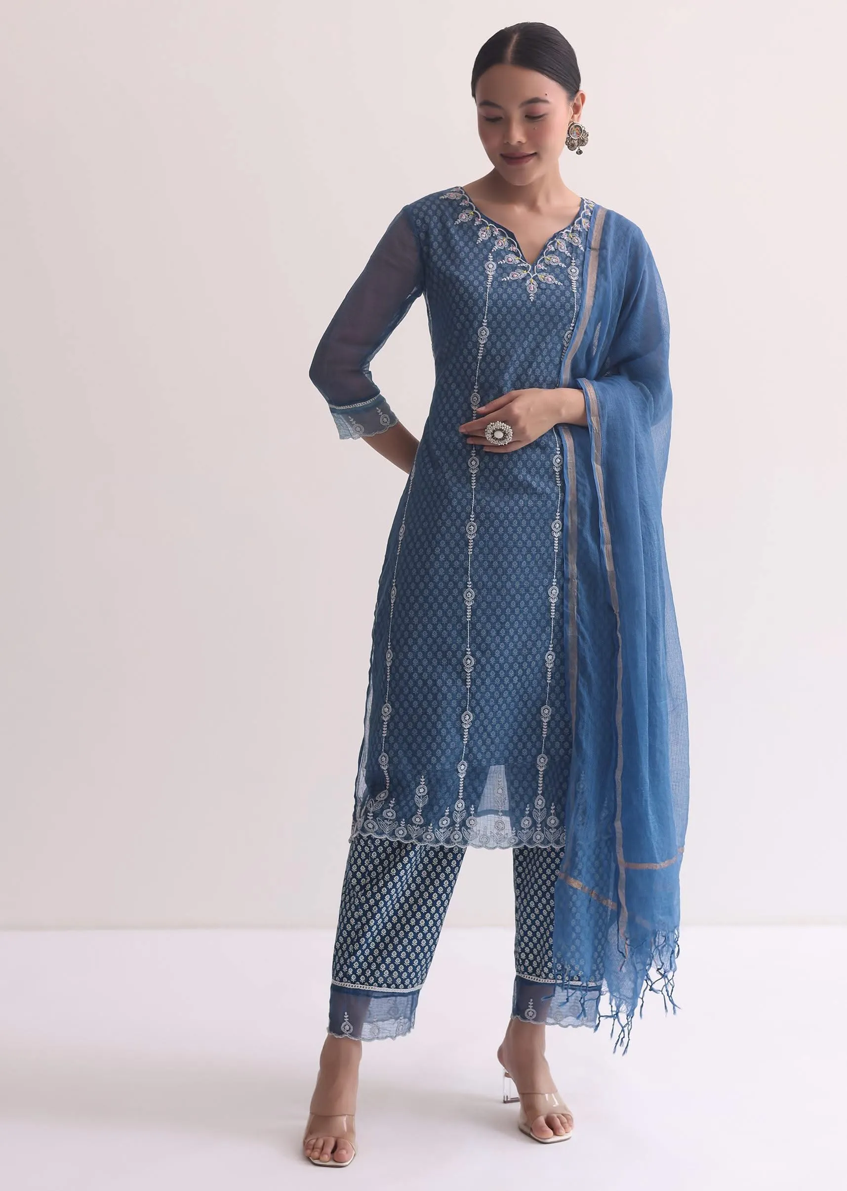Blue Kurti Pant Set In Cotton With Resham Work
