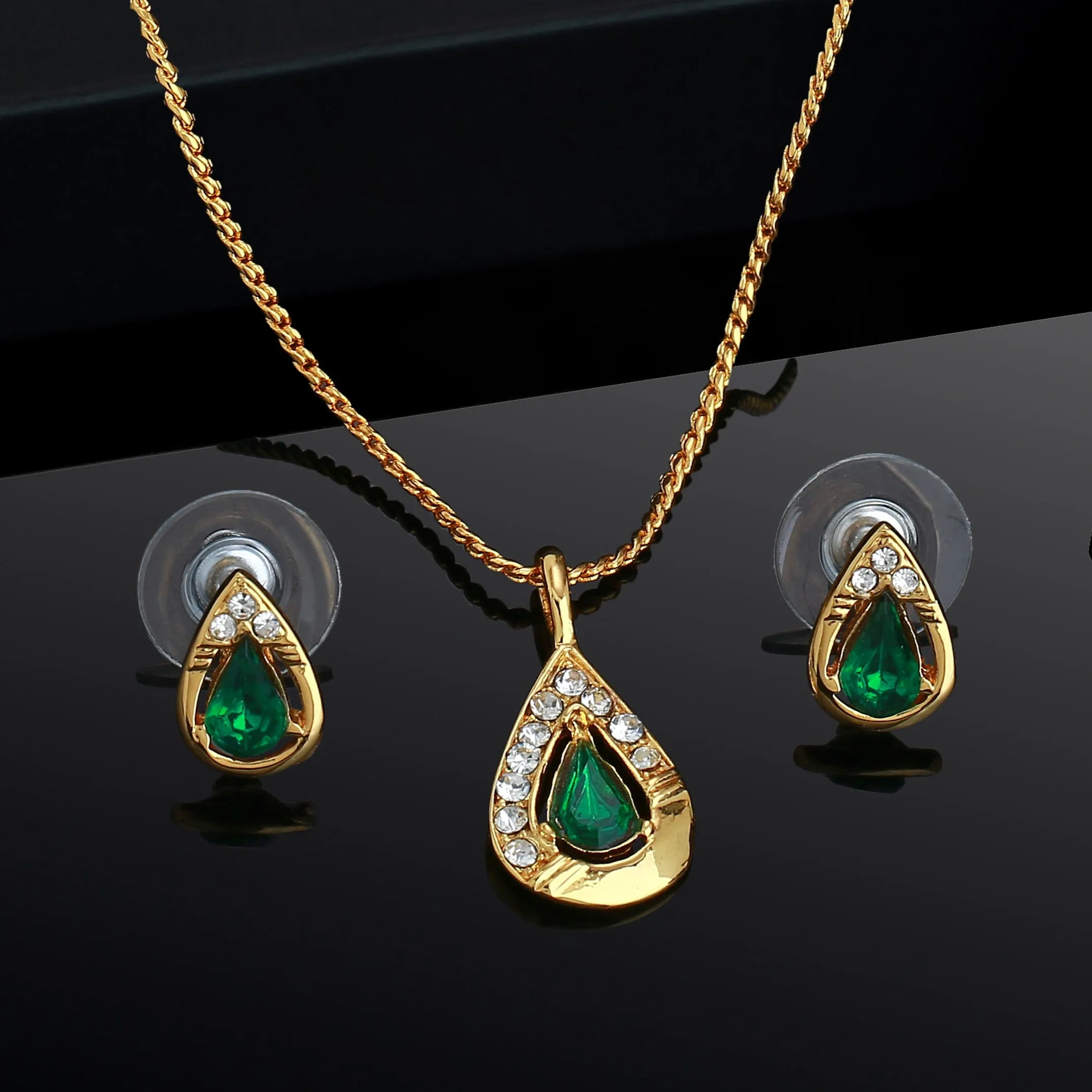 Estele - 24 CT gold Plated fancy Emerald Pear shaped Pendant Set for Women