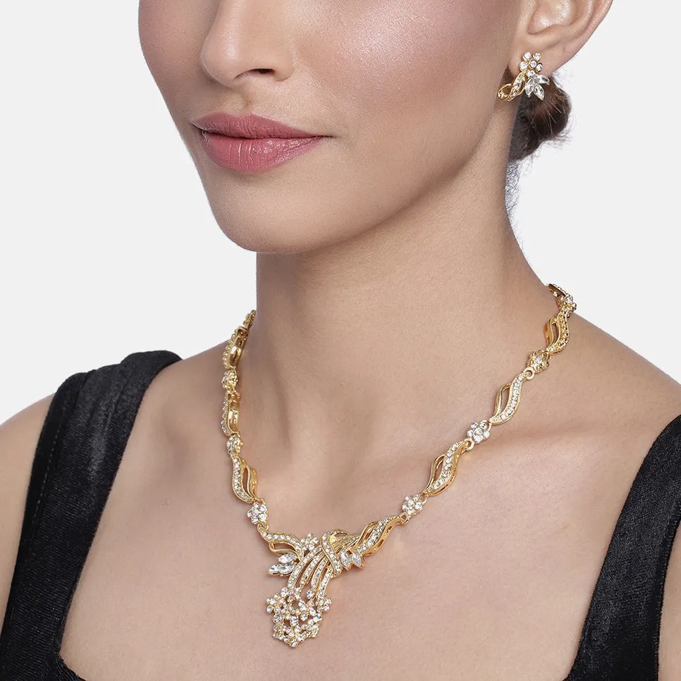 Estele 24 Kt Gold Plated Flower leaf Necklace Set with Austrian Crystals