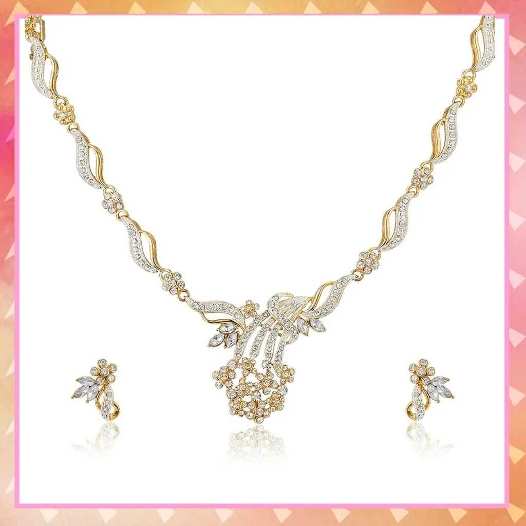 Estele 24 Kt Gold Plated Flower leaf Necklace Set with Austrian Crystals
