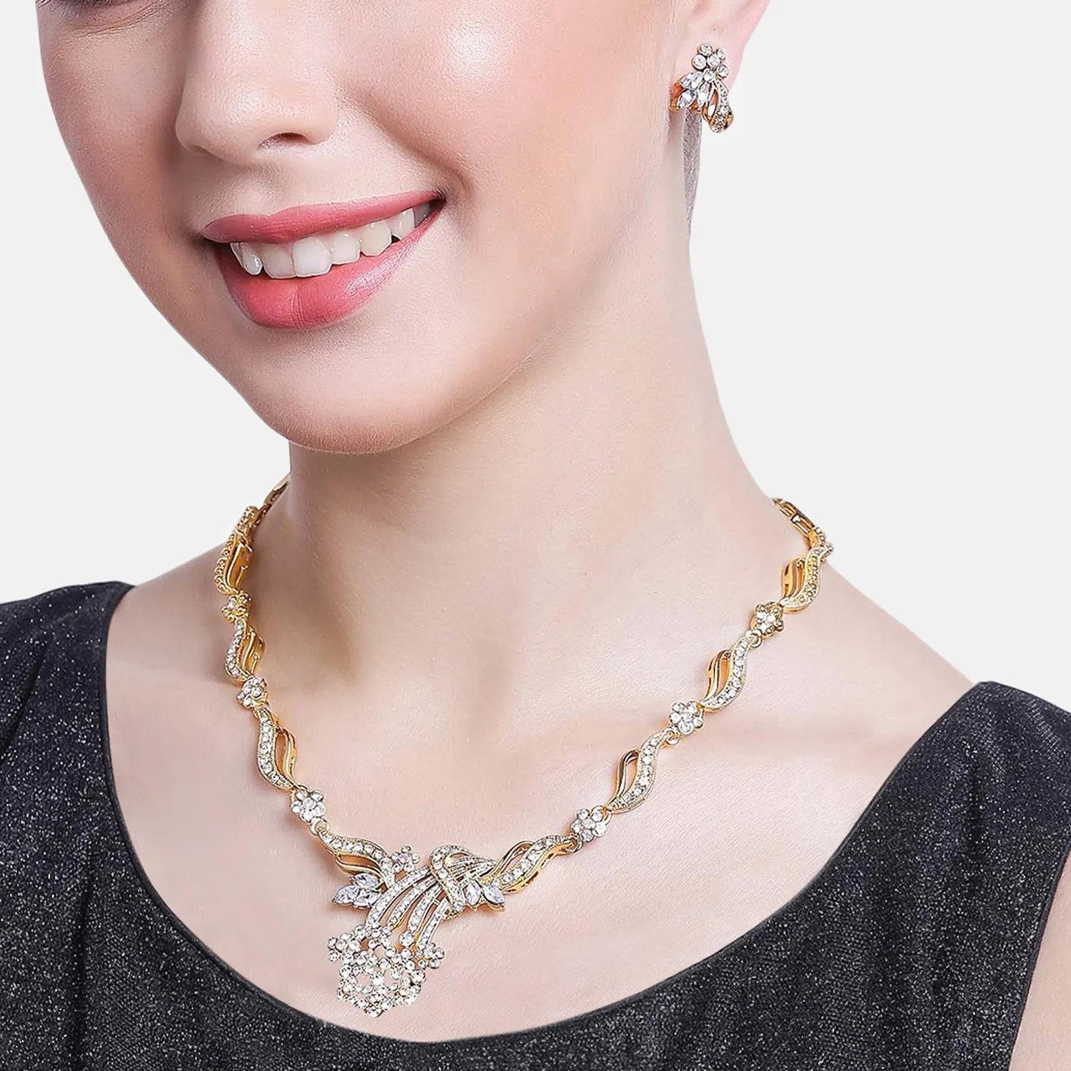 Estele 24 Kt Gold Plated Flower leaf Necklace Set with Austrian Crystals