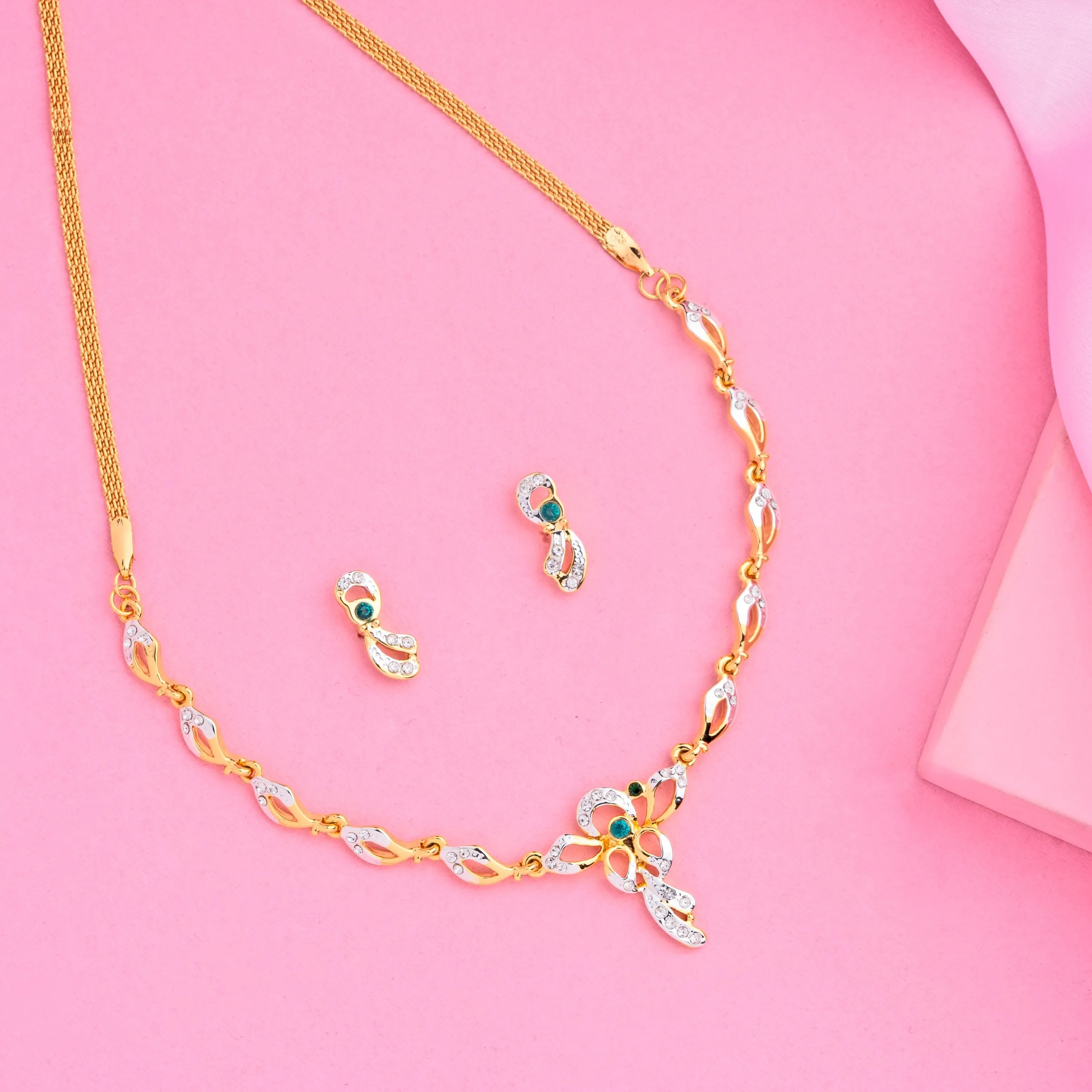 Estele 24 Kt Gold Plated Necklace with Green stones and Austrian Crystal Necklace Set for Women