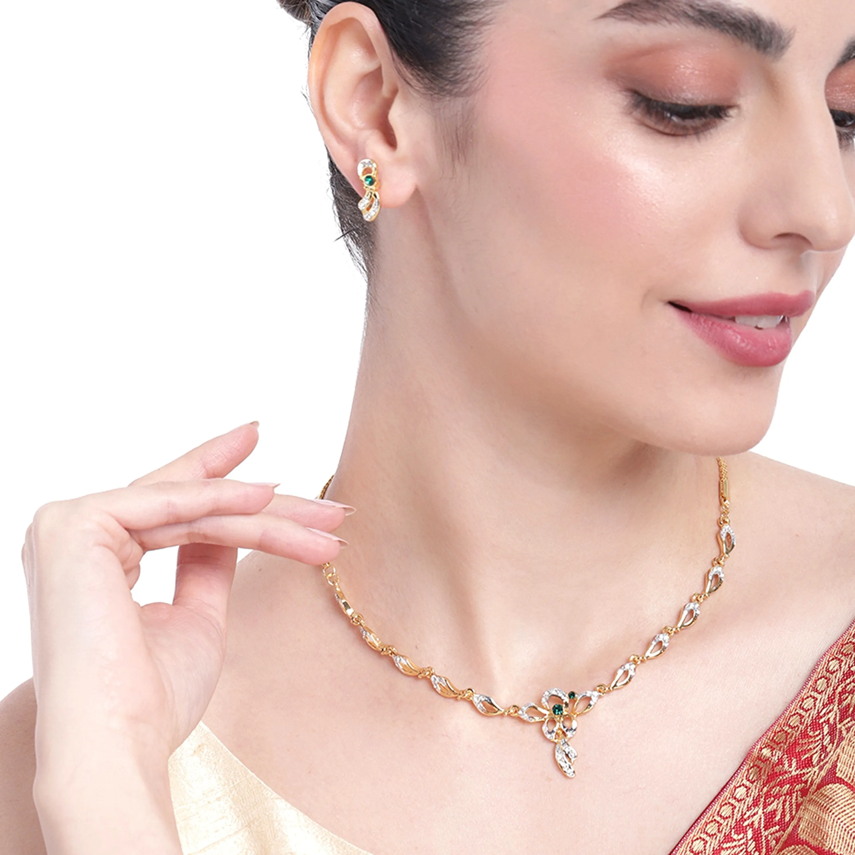Estele 24 Kt Gold Plated Necklace with Green stones and Austrian Crystal Necklace Set for Women