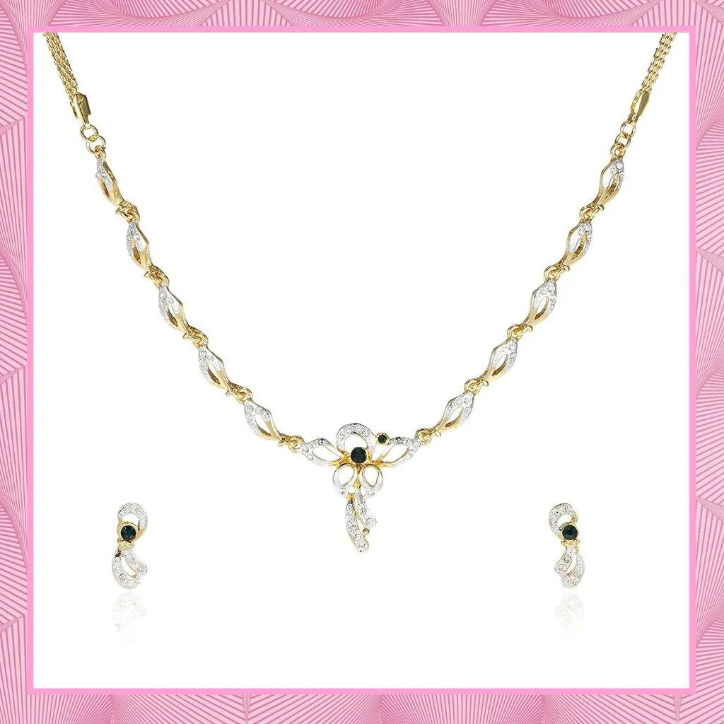 Estele 24 Kt Gold Plated Necklace with Green stones and Austrian Crystal Necklace Set for Women