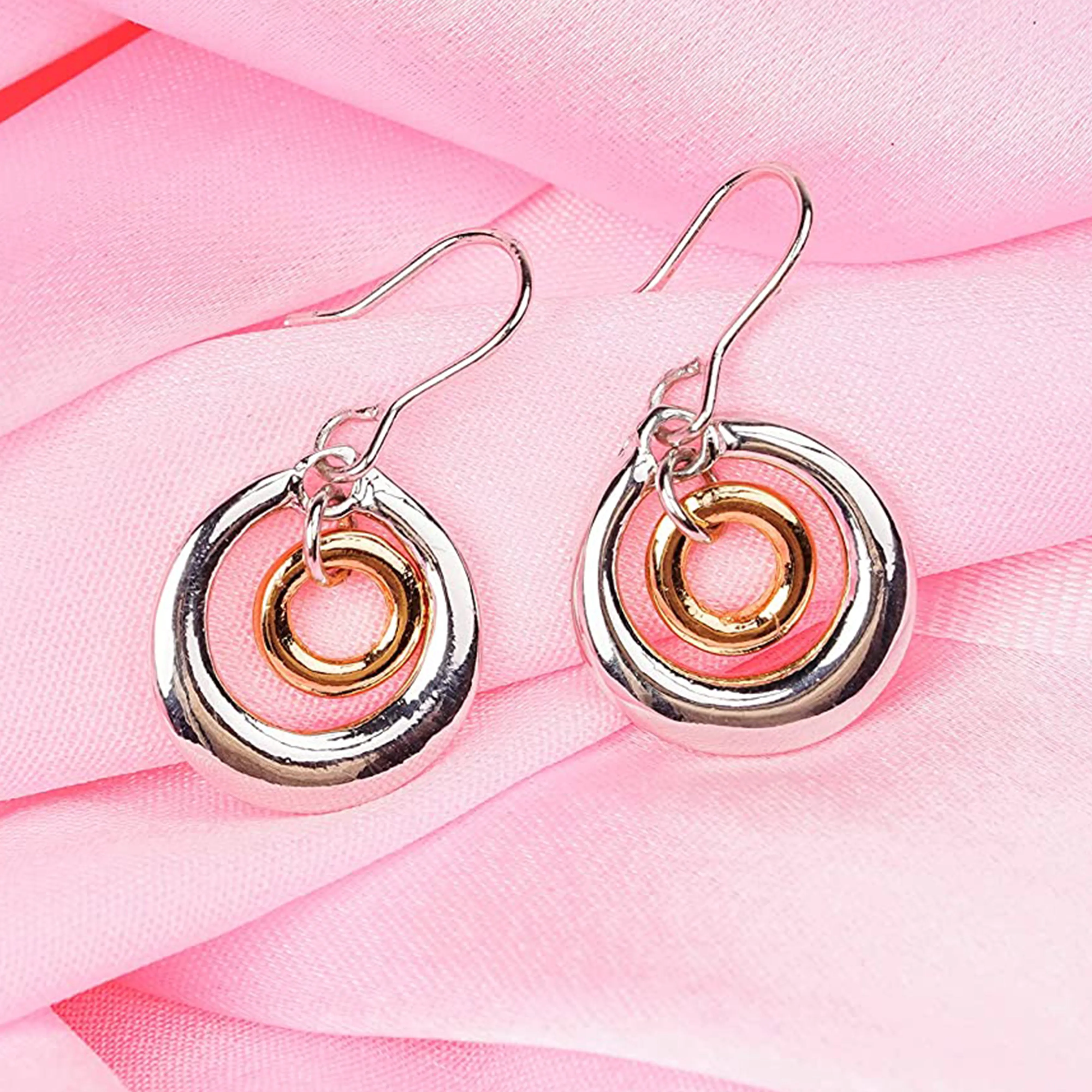 Estele Gold & Rhodium Plated Concentric Circles Drop Earrings for Girls and Women