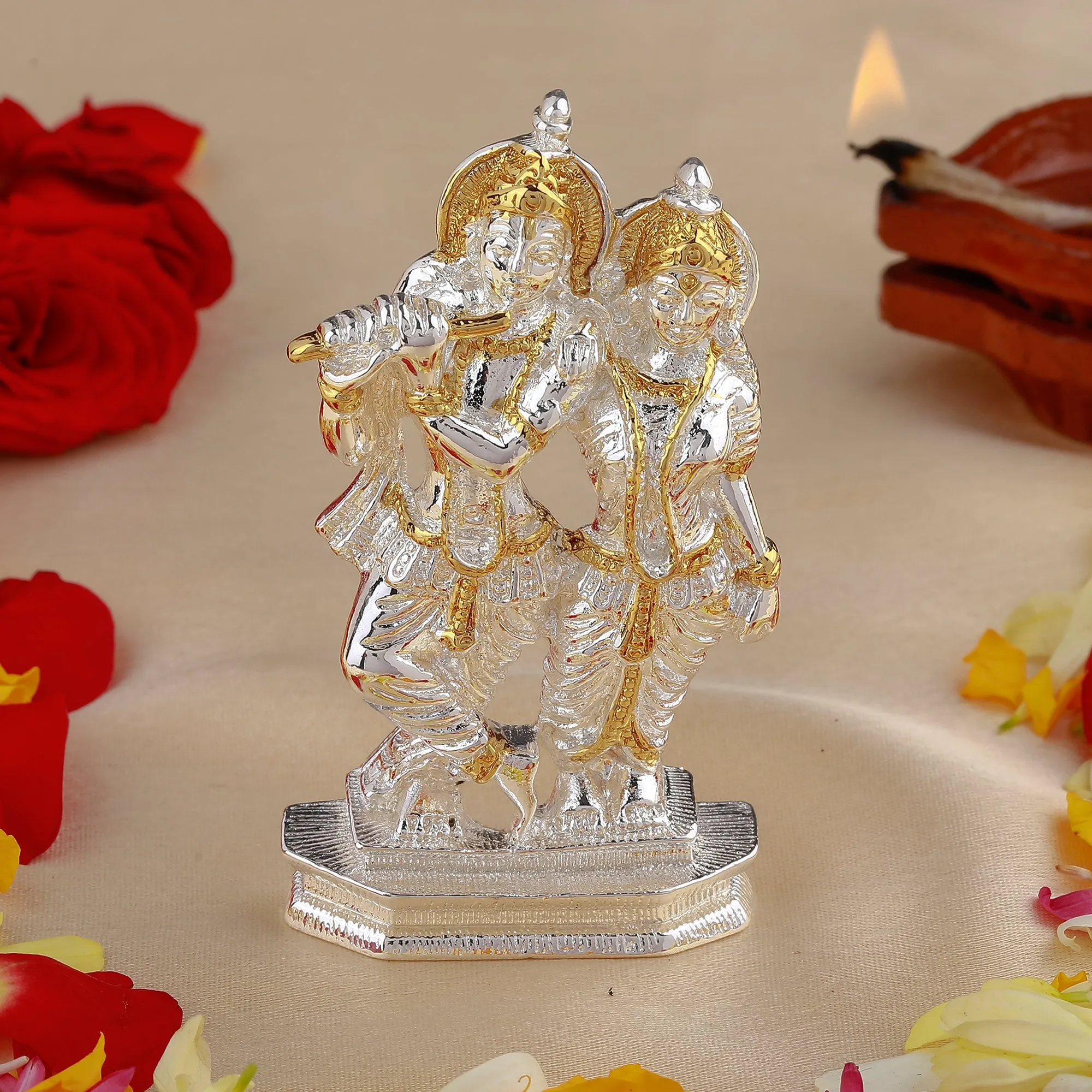 Estele Gold & Rhodium Plated Devotional Shree Radha Krishna Idol for Home/Car Decor.