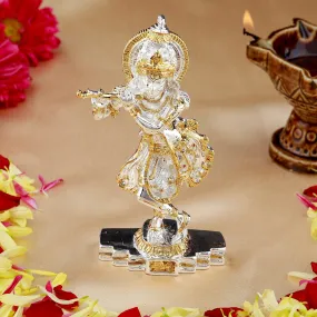 Estele Gold & Rhodium Plated Playing flute Sri Krishna Idol for Home/Car decor.