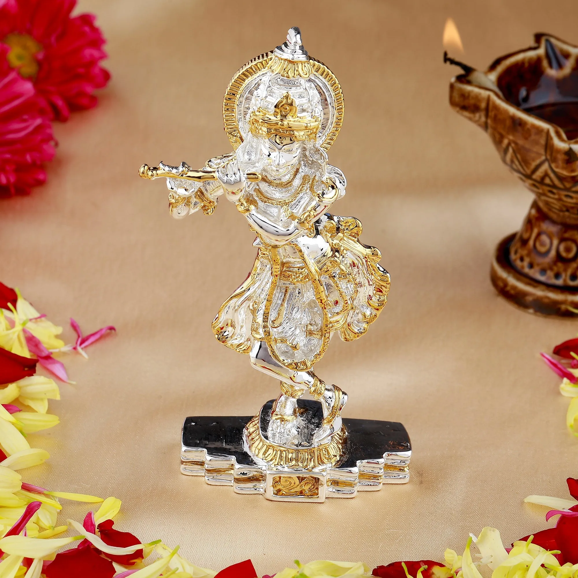 Estele Gold & Rhodium Plated Playing flute Sri Krishna Idol for Home/Car decor.