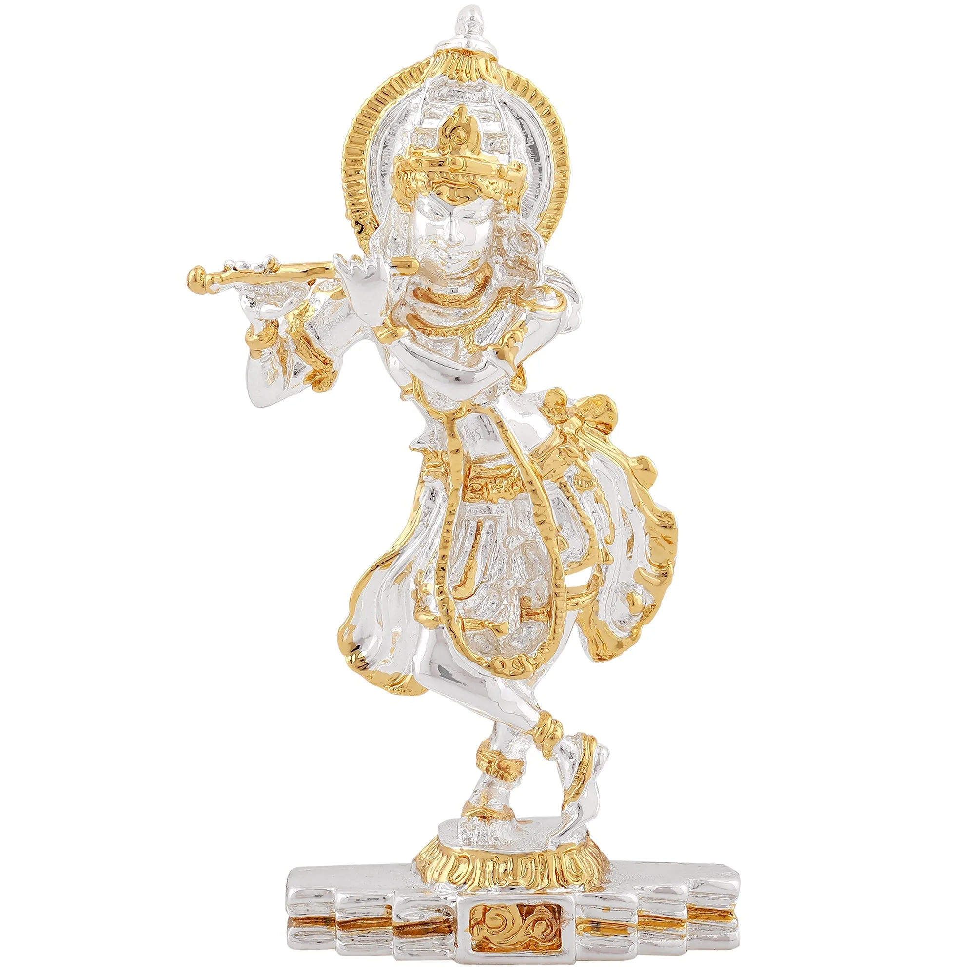 Estele Gold & Rhodium Plated Playing flute Sri Krishna Idol for Home/Car decor.