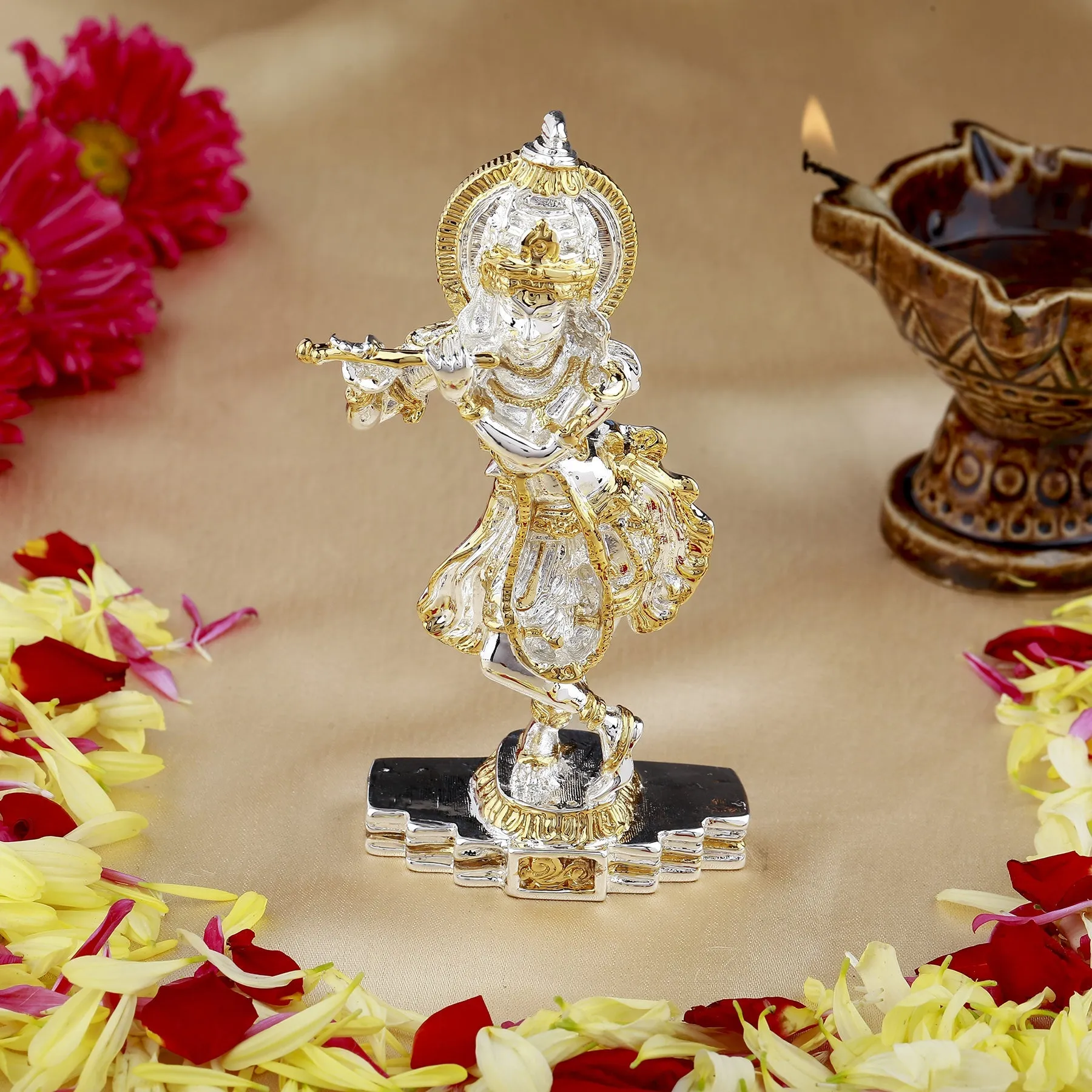 Estele Gold & Rhodium Plated Playing flute Sri Krishna Idol for Home/Car decor.