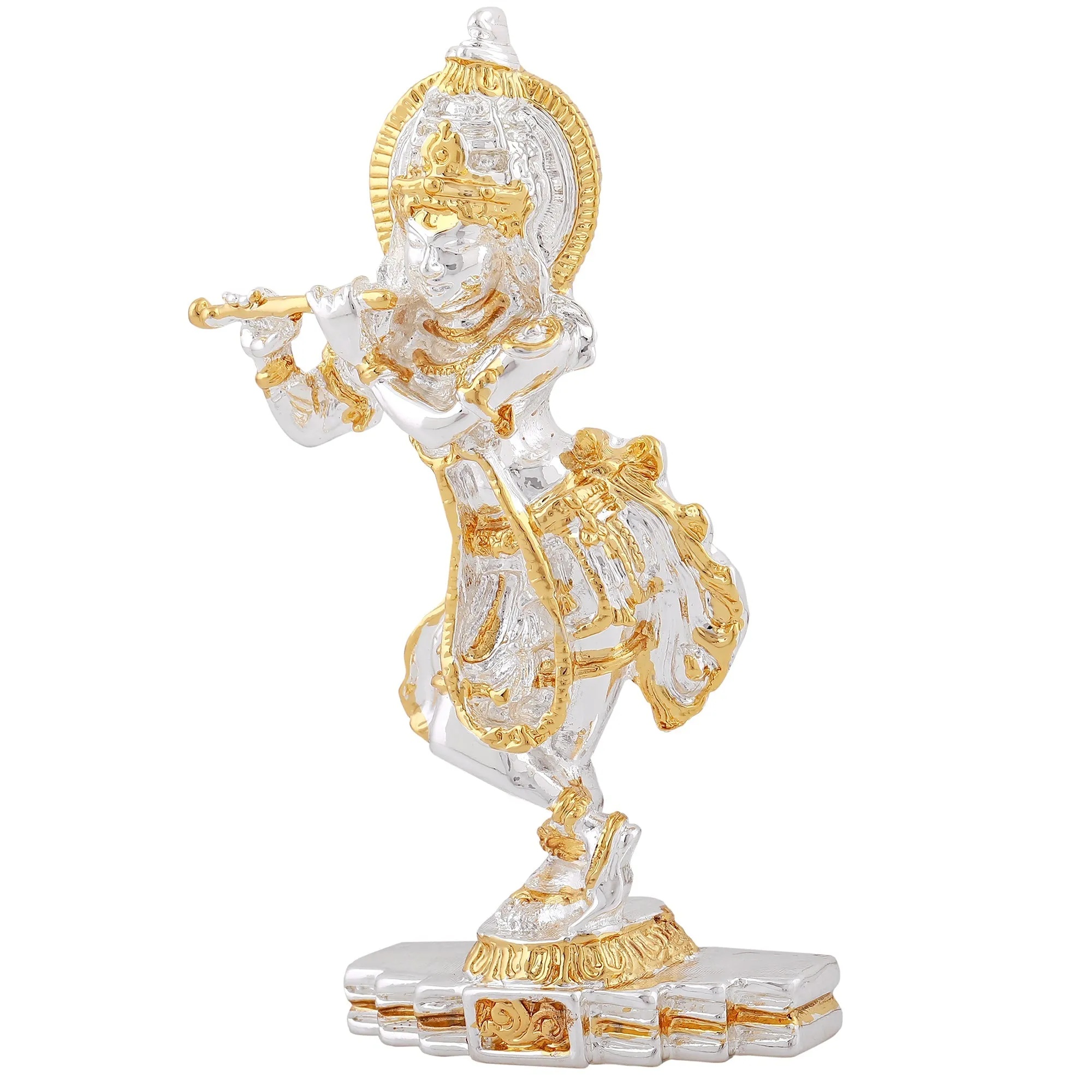 Estele Gold & Rhodium Plated Playing flute Sri Krishna Idol for Home/Car decor.
