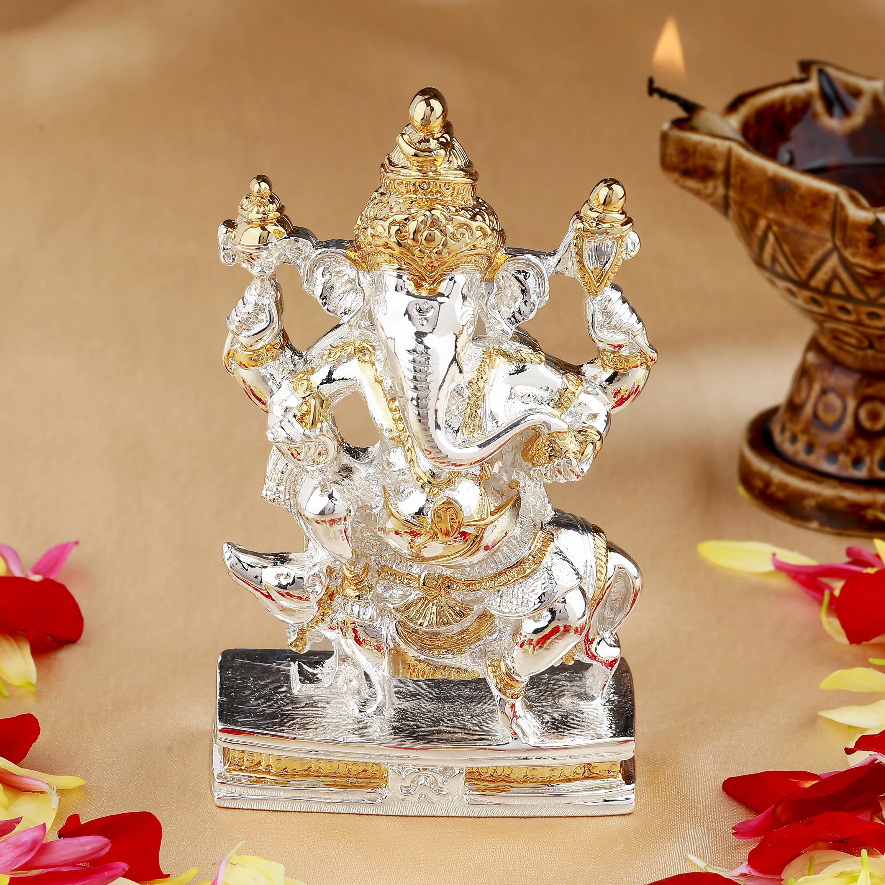 Estele Gold & Rhodium Plated Spiritual Mooshika Lord Ganesh Idol for Gifts & House Warming/Home/Office Decors.