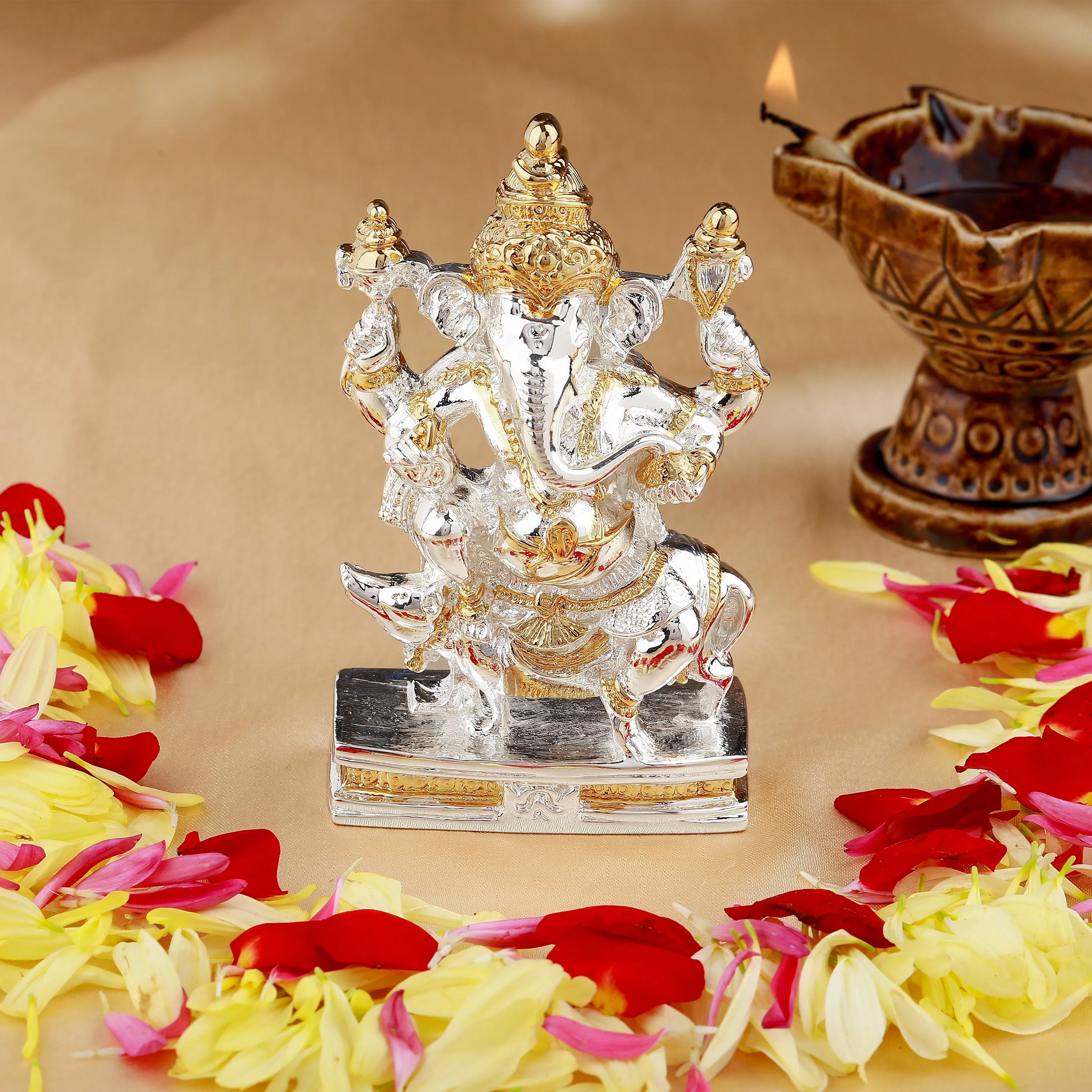 Estele Gold & Rhodium Plated Spiritual Mooshika Lord Ganesh Idol for Gifts & House Warming/Home/Office Decors.