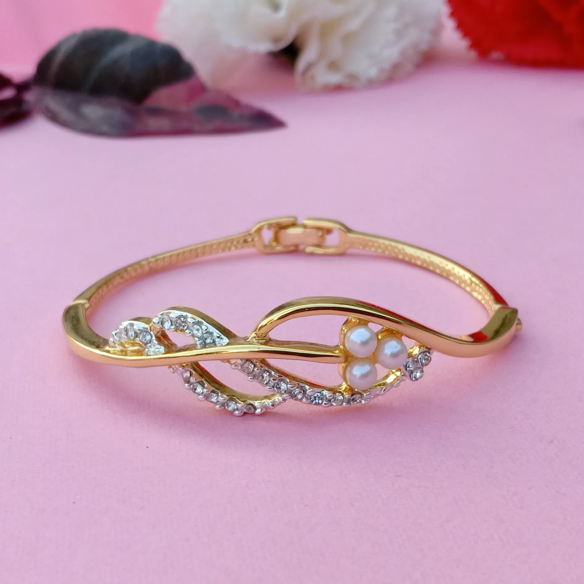 Estele Gold and Silver Plated Pearl 3 Petal Crystal Wave Cuff Bracelet for women