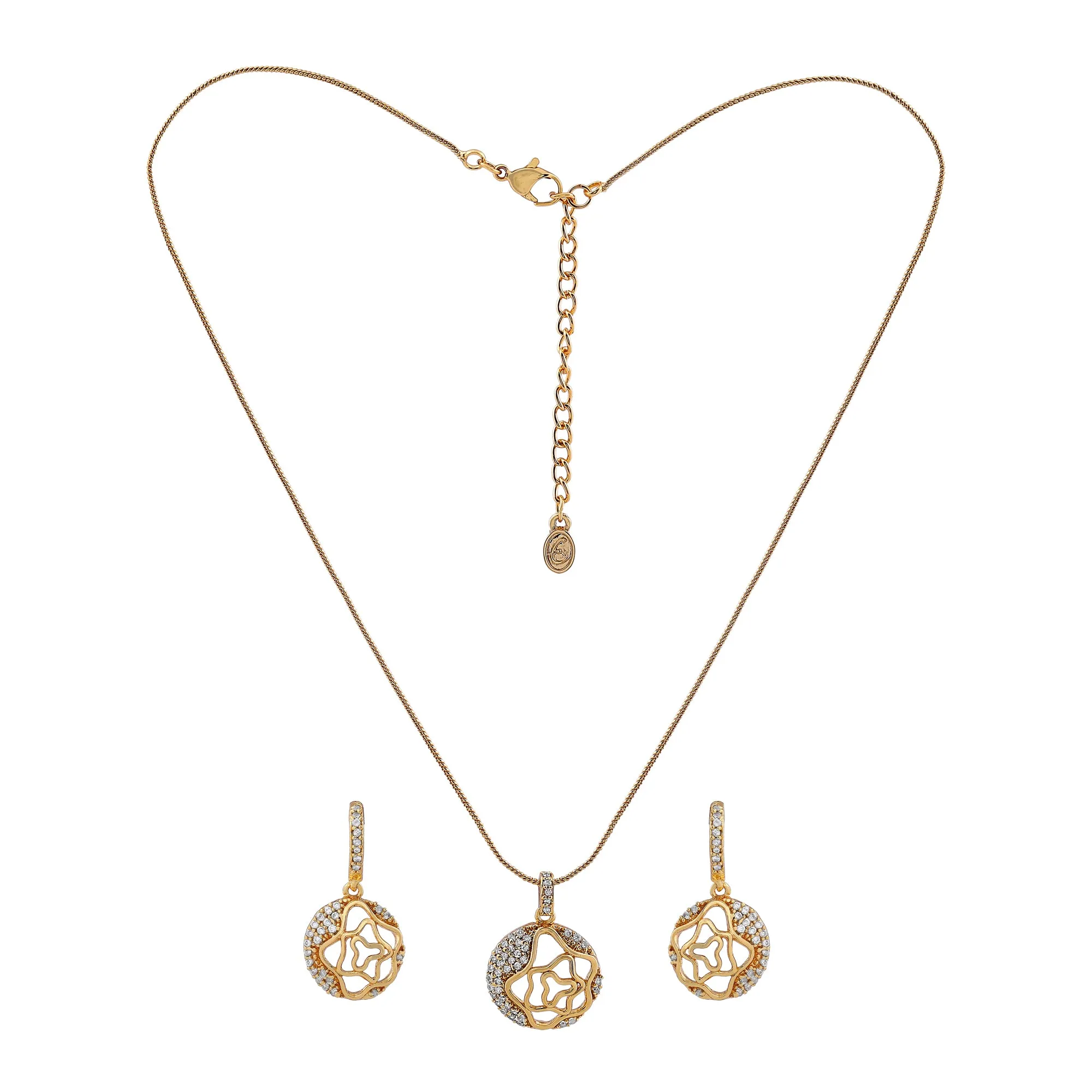 Estele - Gold Plated American Diamond Circle with Flower Pendant Set