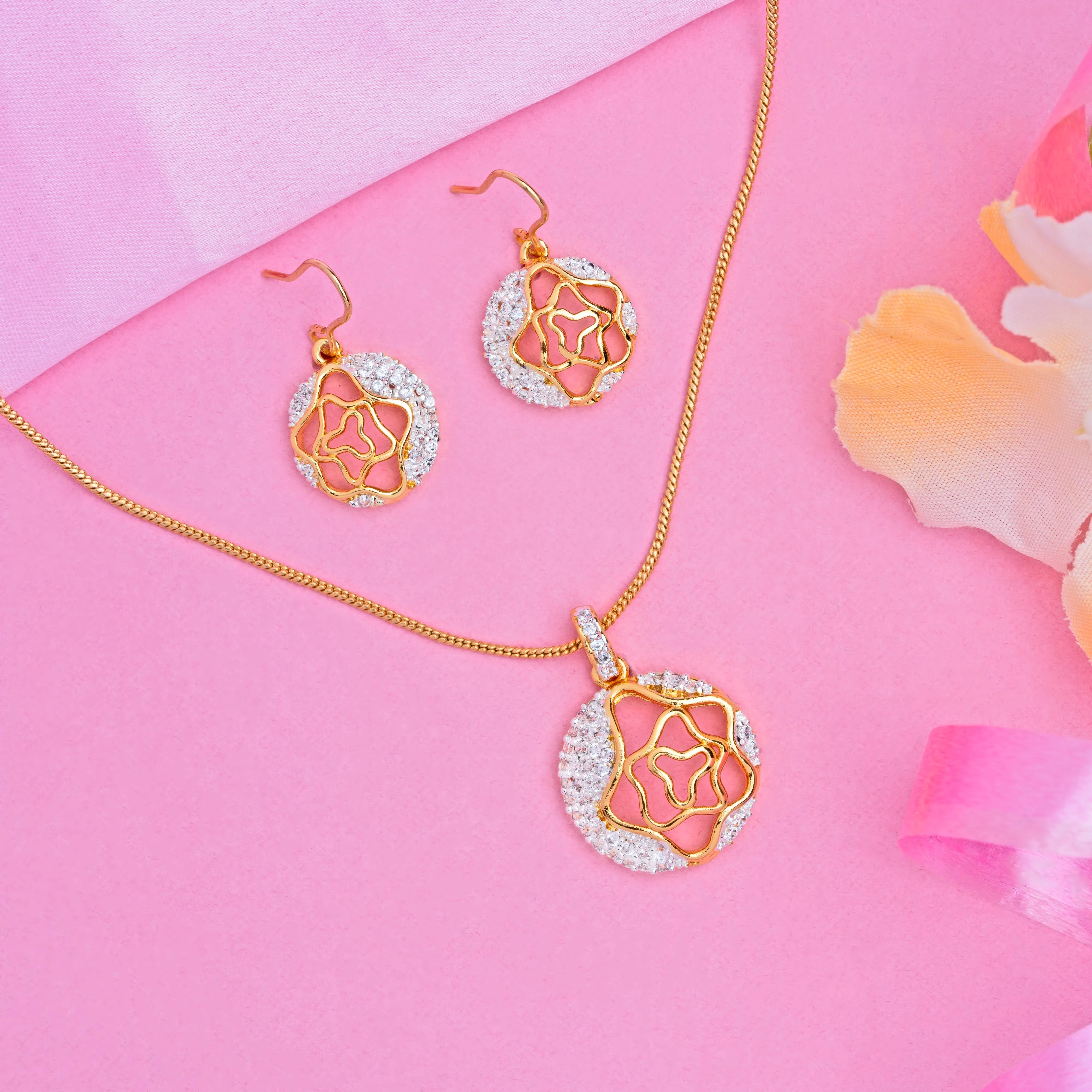 Estele - Gold Plated American Diamond Circle with Flower Pendant Set
