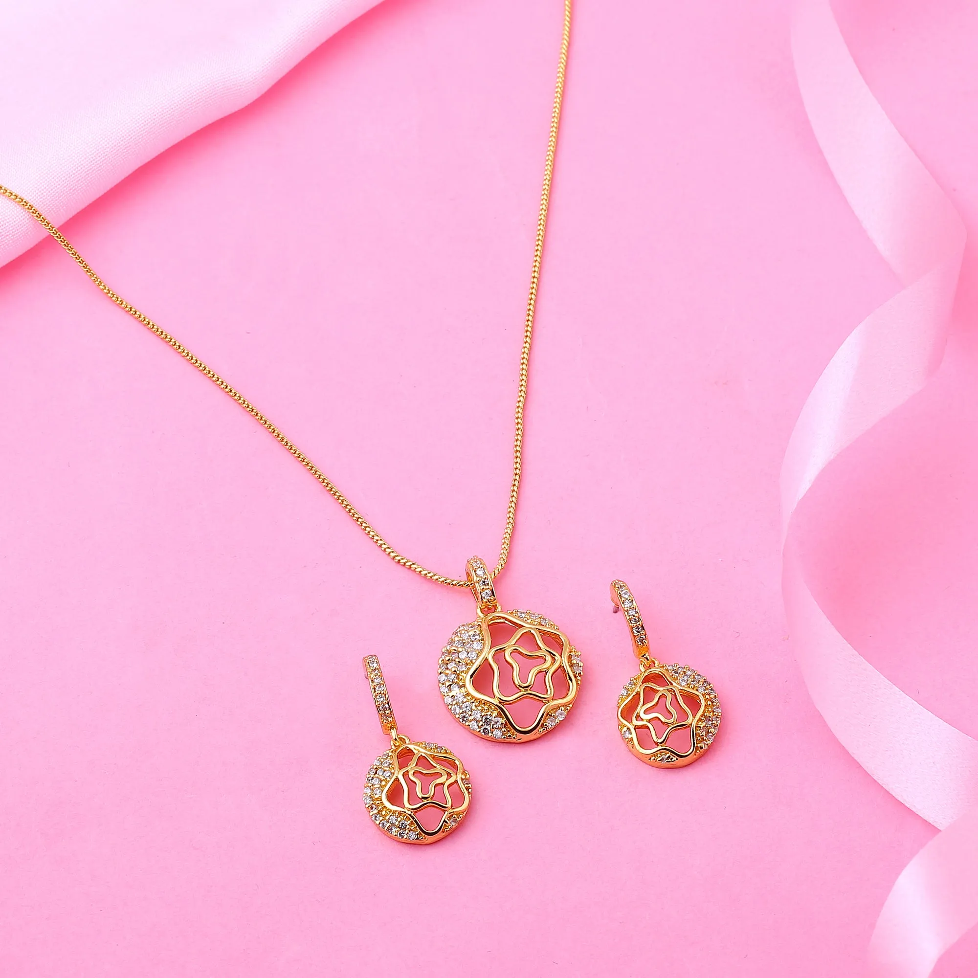 Estele - Gold Plated American Diamond Circle with Flower Pendant Set