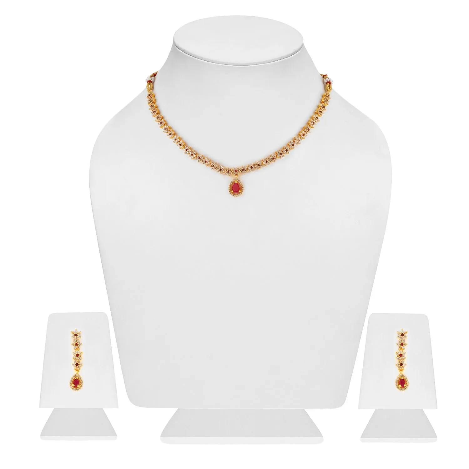 Estele Gold Plated CZ Floral Line Bridal Necklace Set with Ruby Crystals for Women