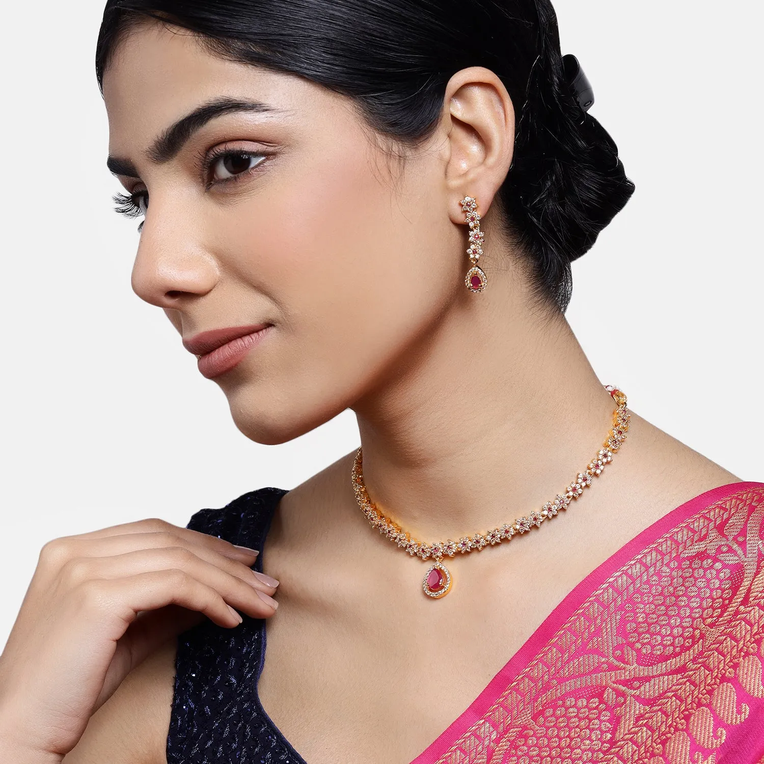 Estele Gold Plated CZ Floral Line Bridal Necklace Set with Ruby Crystals for Women