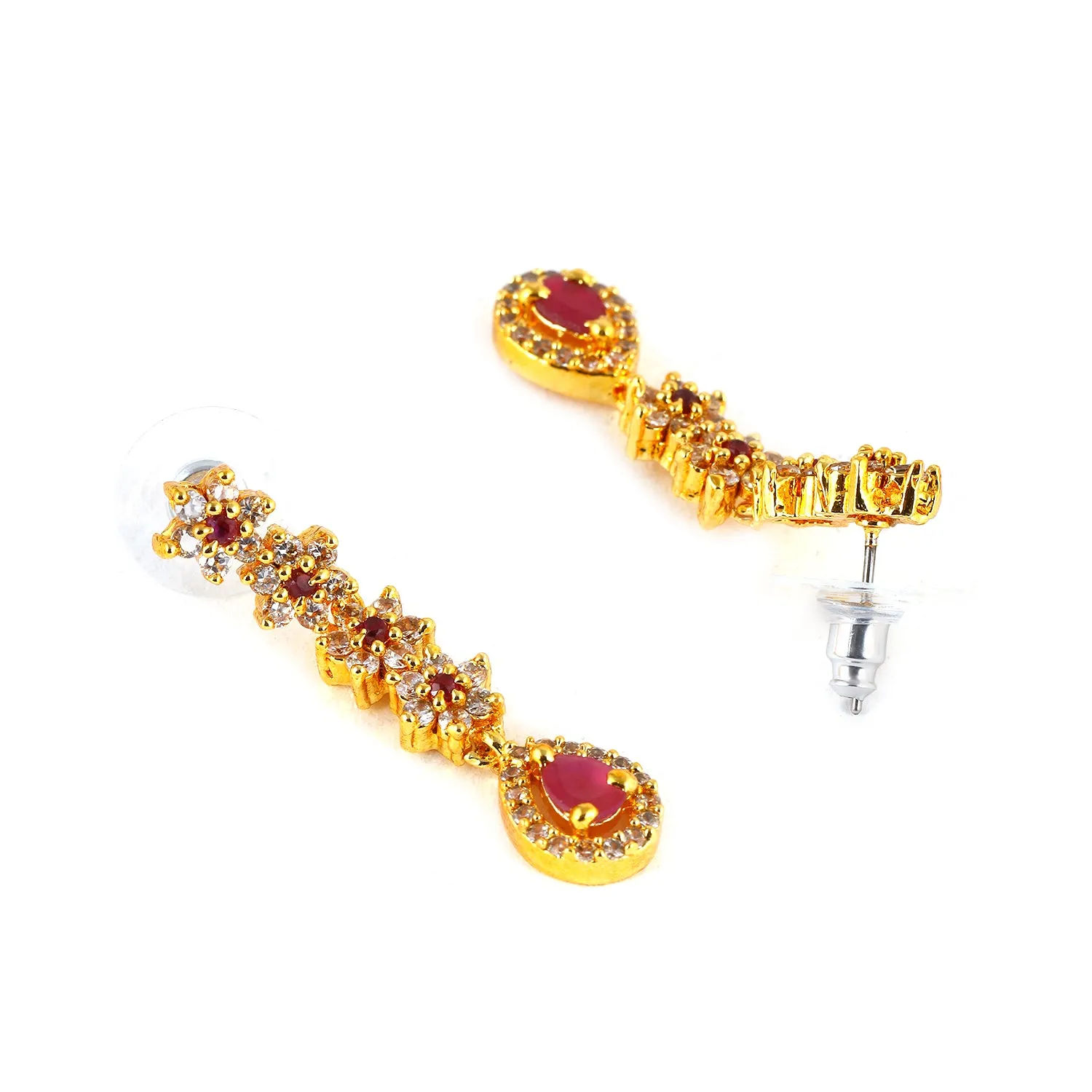 Estele Gold Plated CZ Floral Line Bridal Necklace Set with Ruby Crystals for Women