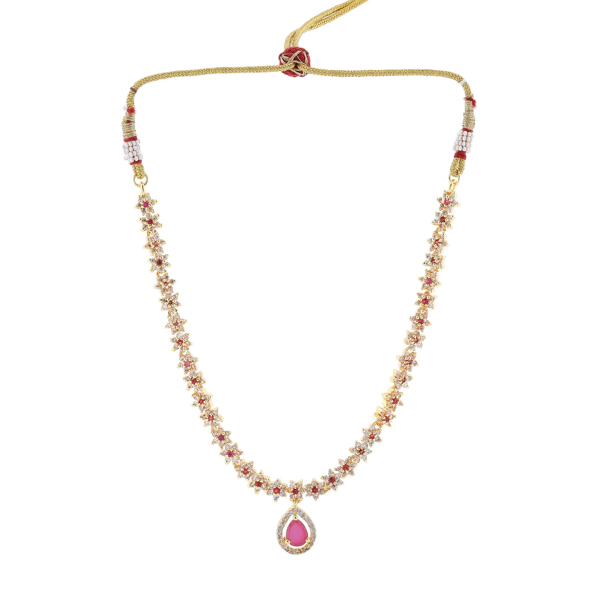 Estele Gold Plated CZ Floral Line Bridal Necklace Set with Ruby Crystals for Women