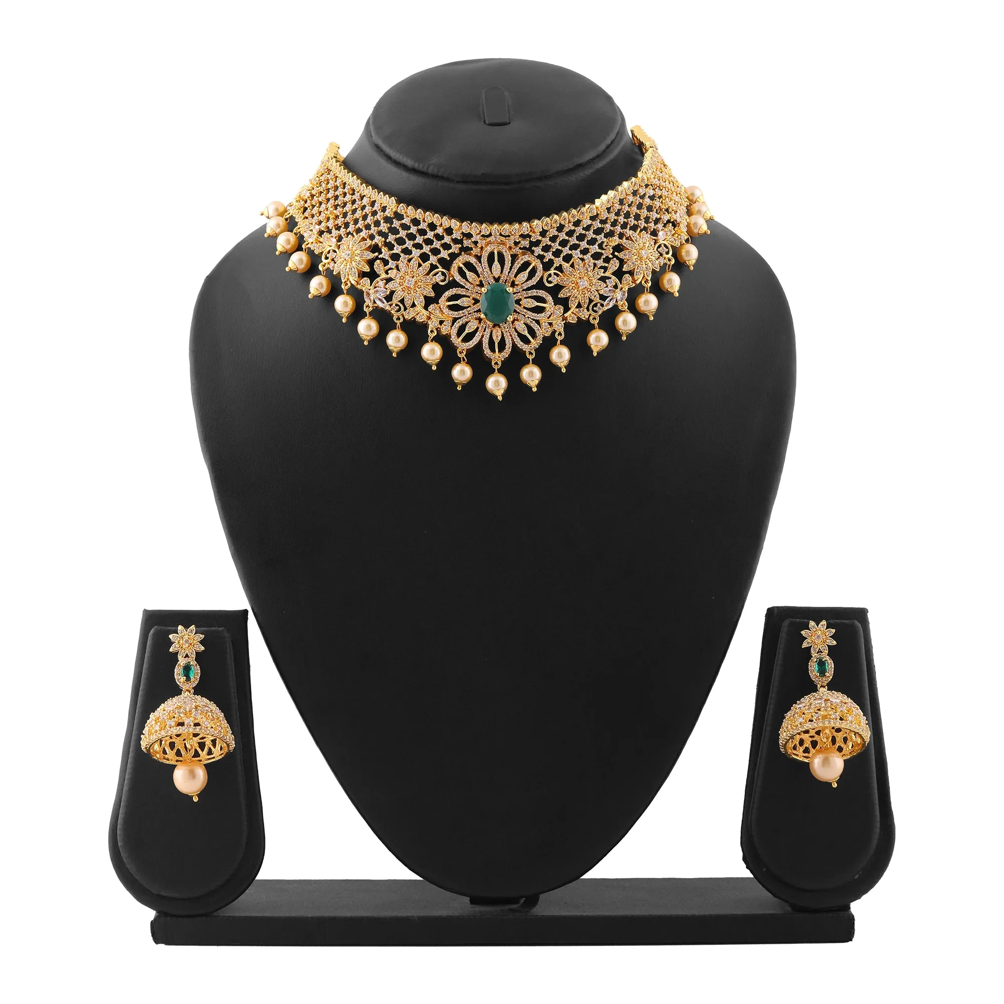 Estele Gold Plated CZ Flower Designer Bridal Choker Necklace set with Pearl & Color Stones for Women