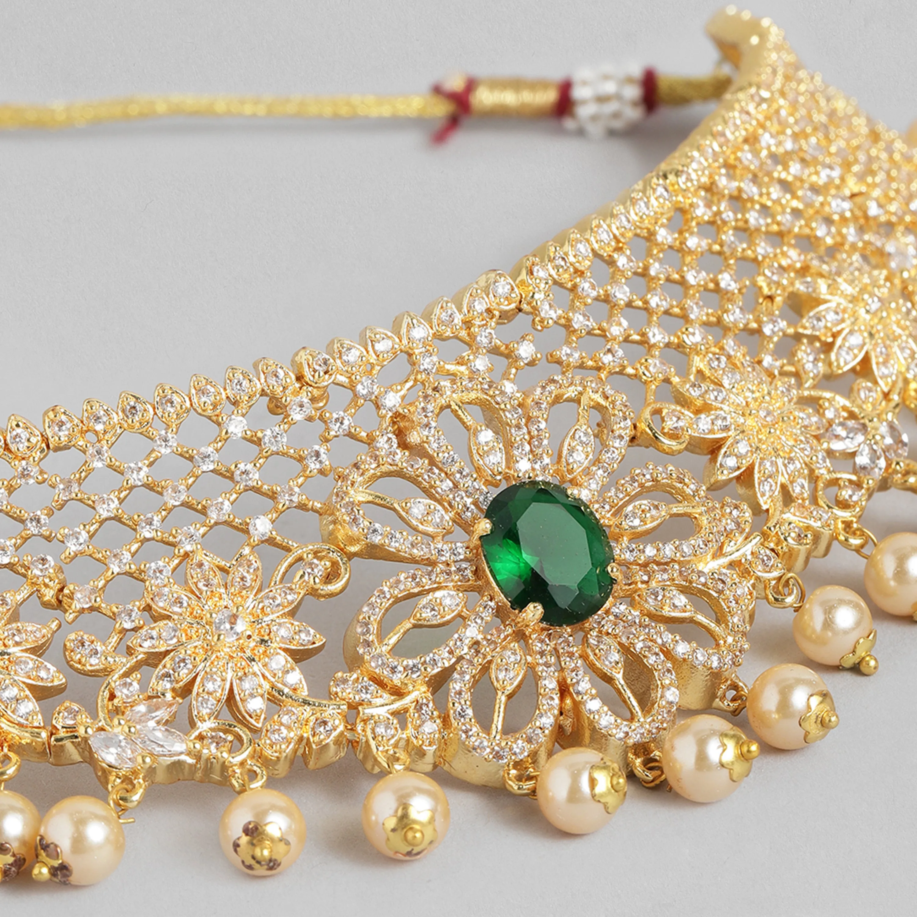 Estele Gold Plated CZ Flower Designer Bridal Choker Necklace set with Pearl & Color Stones for Women