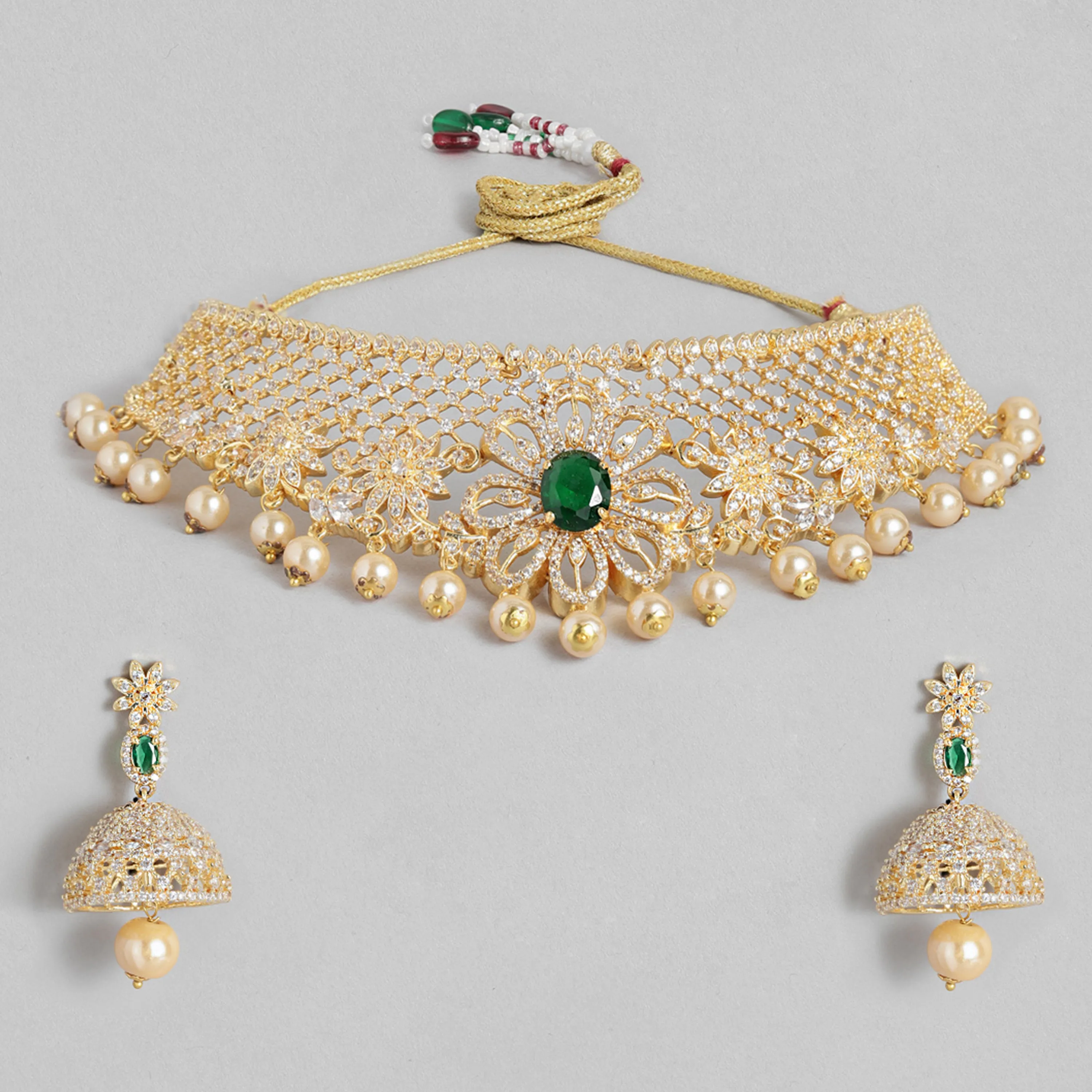 Estele Gold Plated CZ Flower Designer Bridal Choker Necklace set with Pearl & Color Stones for Women