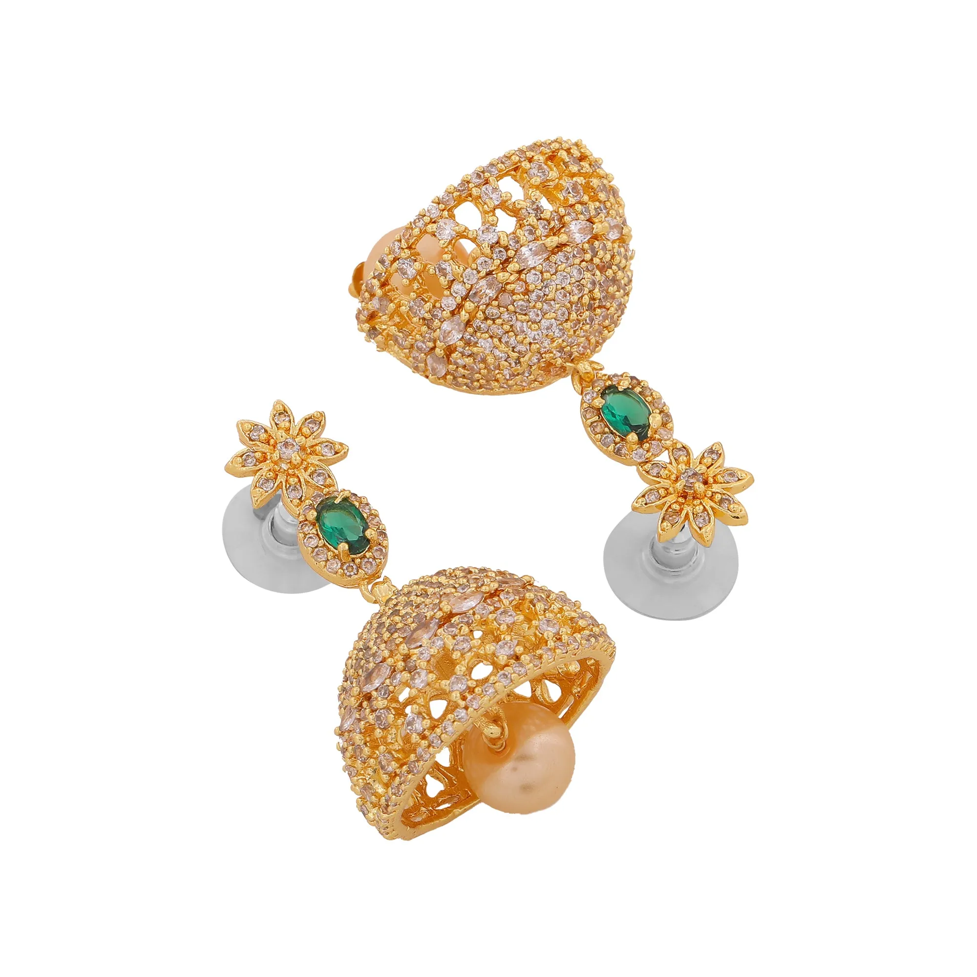 Estele Gold Plated CZ Flower Designer Bridal Choker Necklace set with Pearl & Color Stones for Women