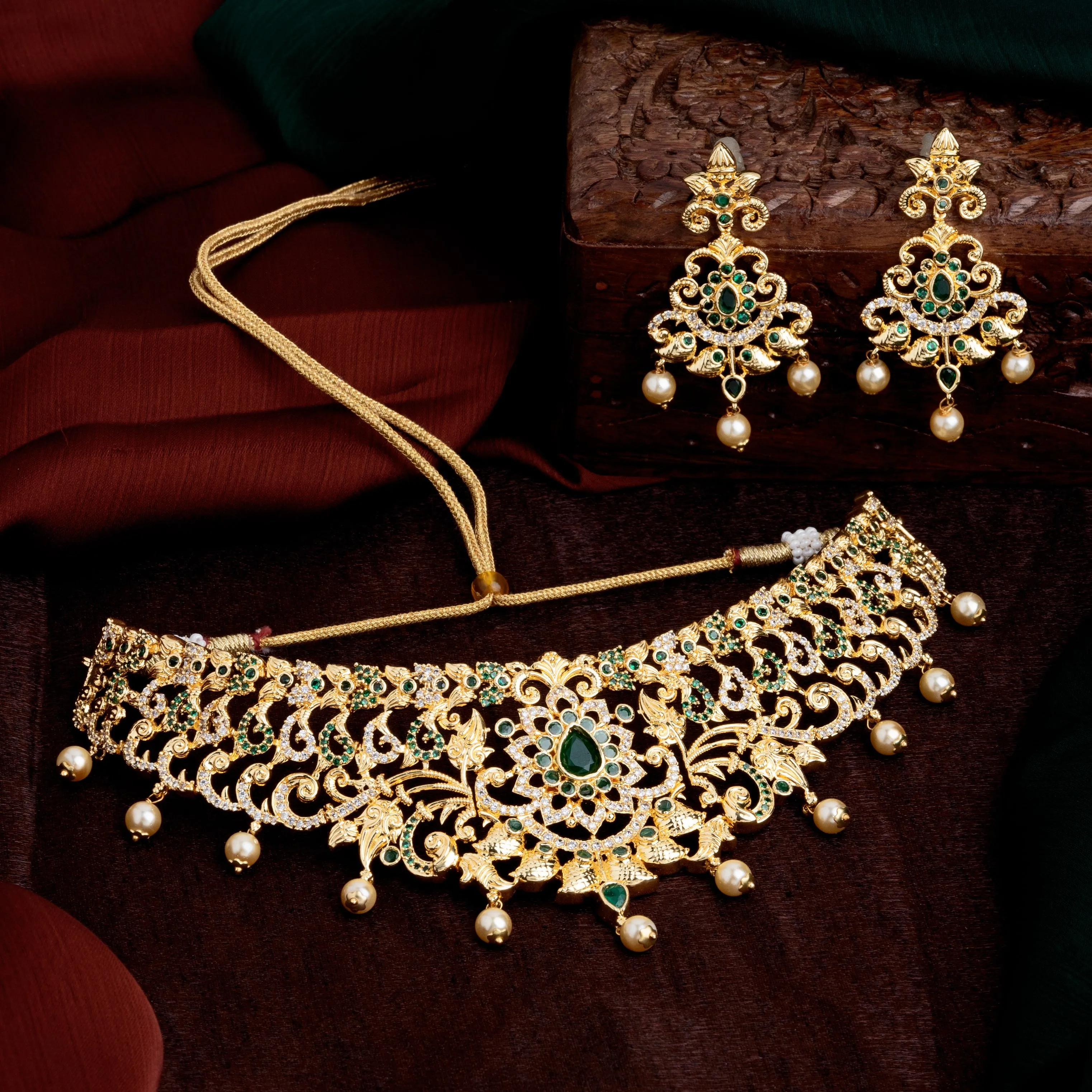 Estele Gold Plated CZ Magnificent Bridal Choker Necklace Set with Green Stones & Pearls for Women