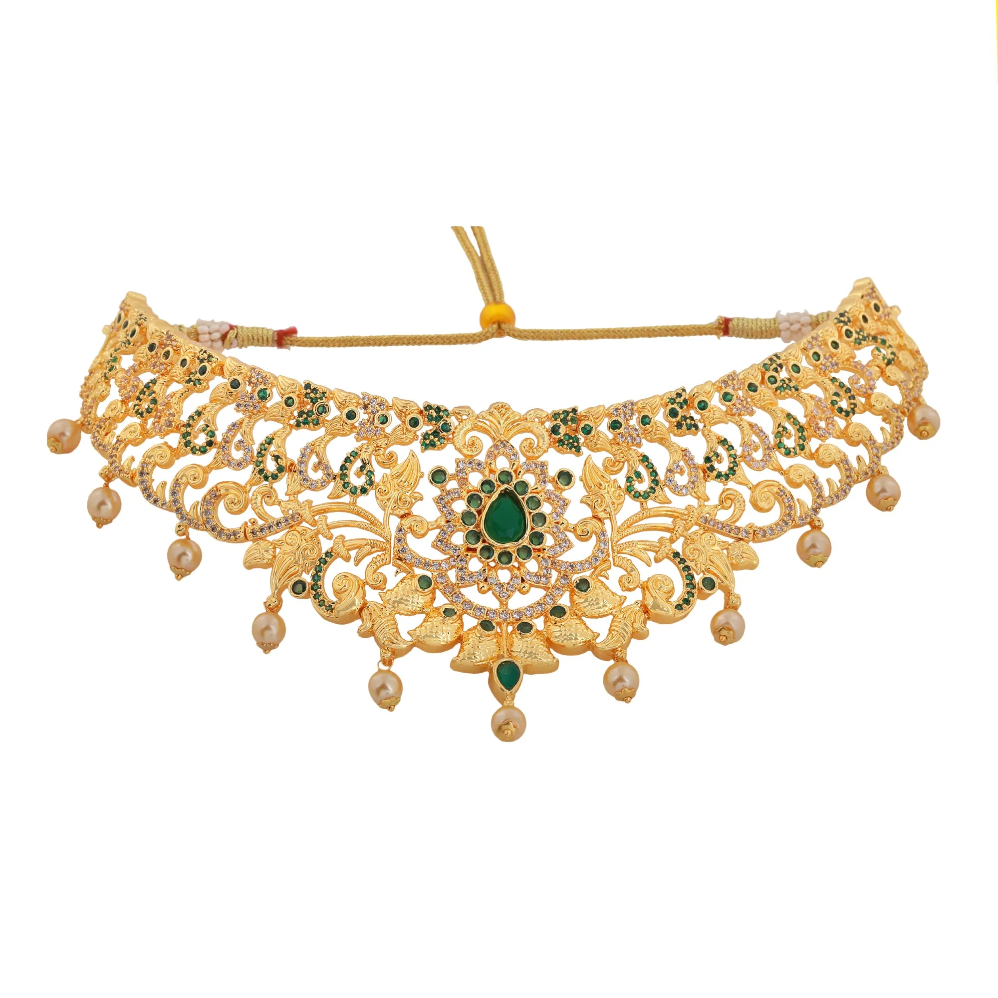 Estele Gold Plated CZ Magnificent Bridal Choker Necklace Set with Green Stones & Pearls for Women