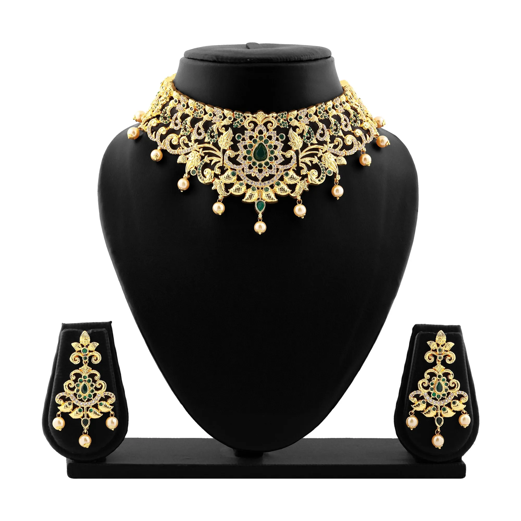 Estele Gold Plated CZ Magnificent Bridal Choker Necklace Set with Green Stones & Pearls for Women